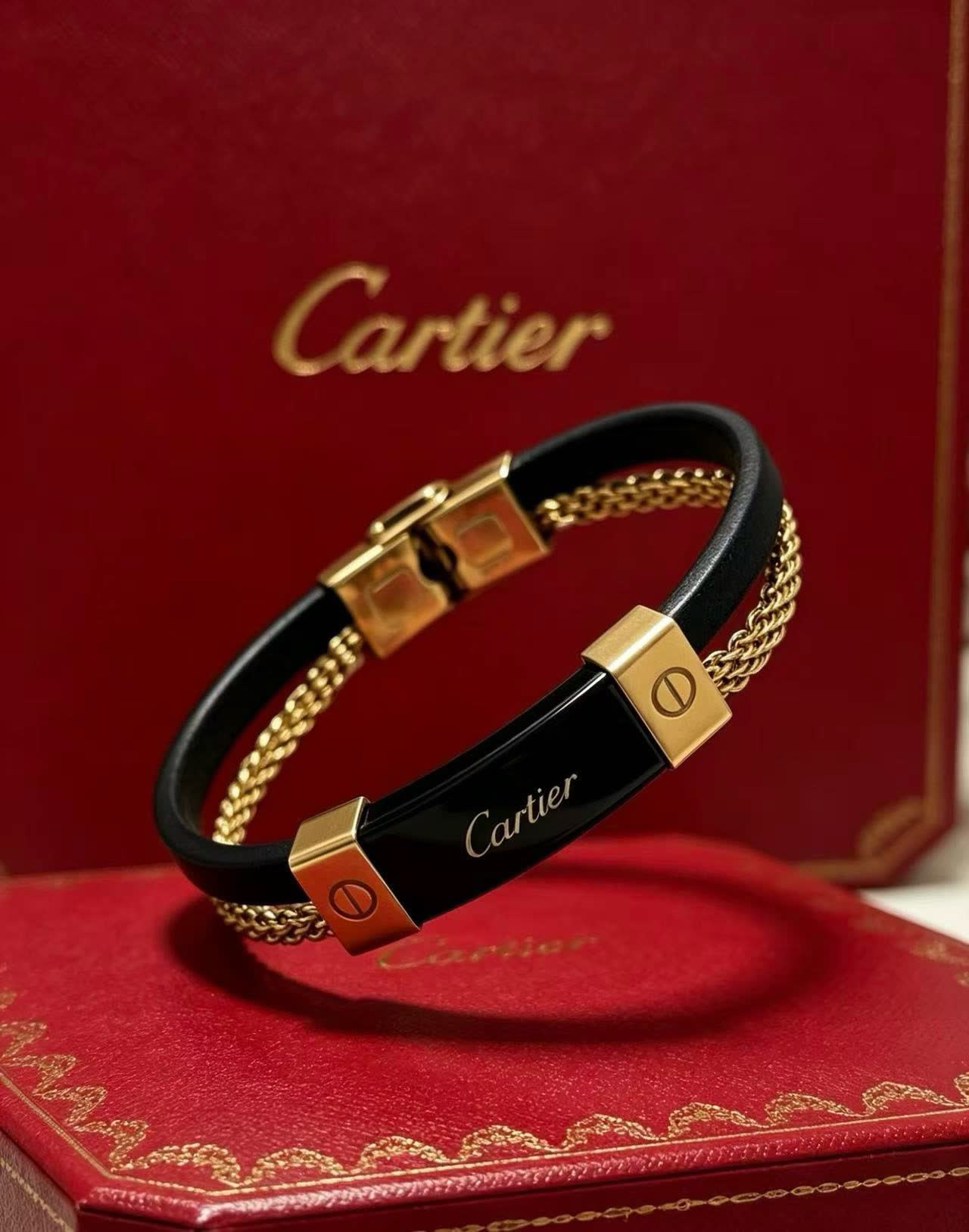 Cartier Black Leather and Gold Bracelet