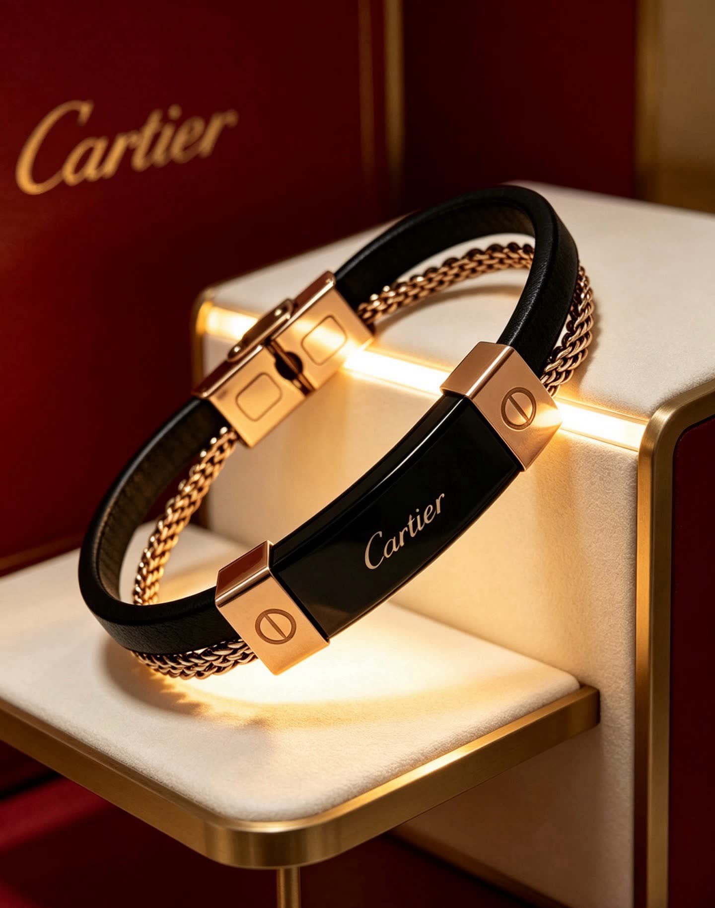 Cartier Black Leather and Gold-Plated Bracelet