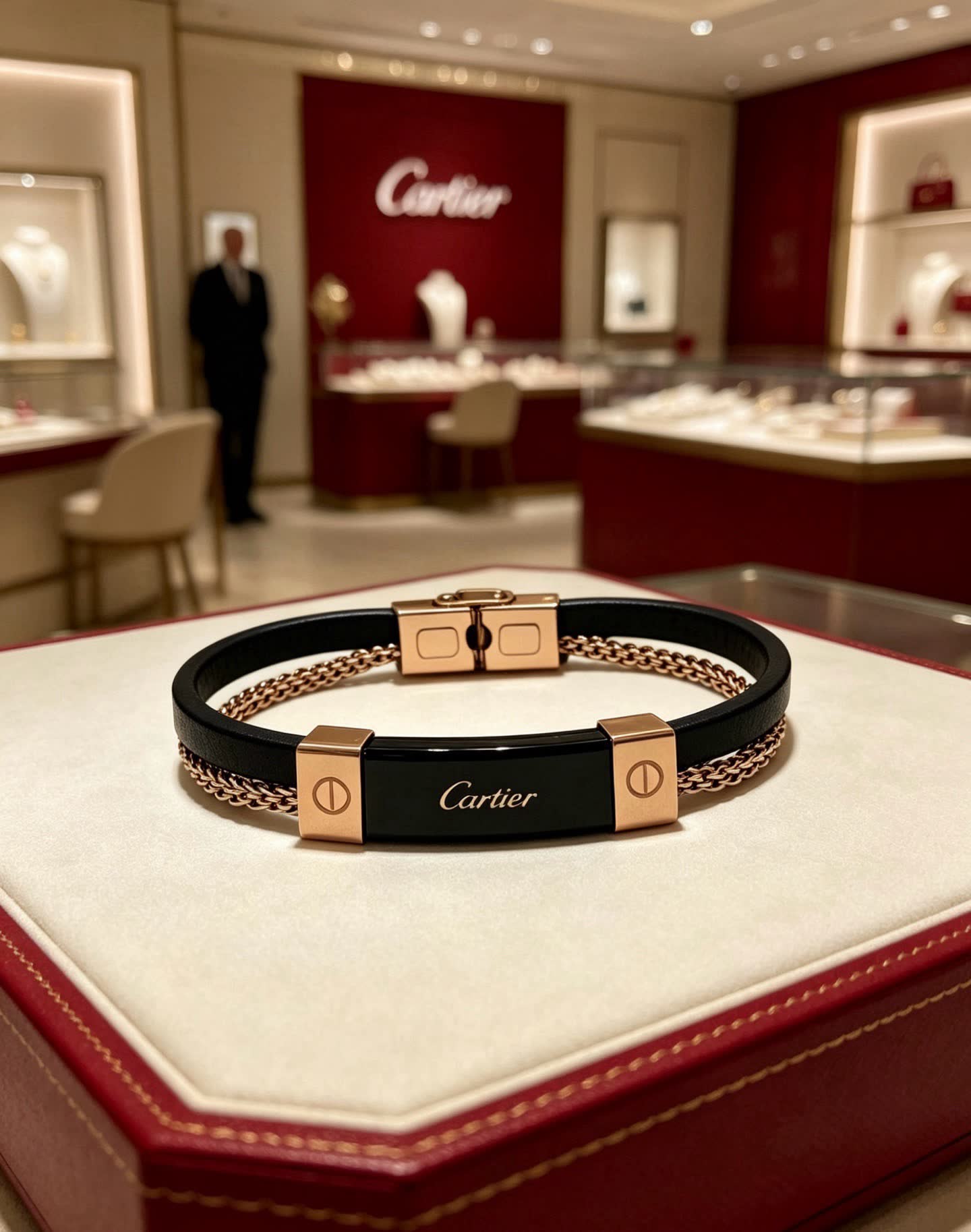 Cartier Black Leather and Gold-Plated Bracelet