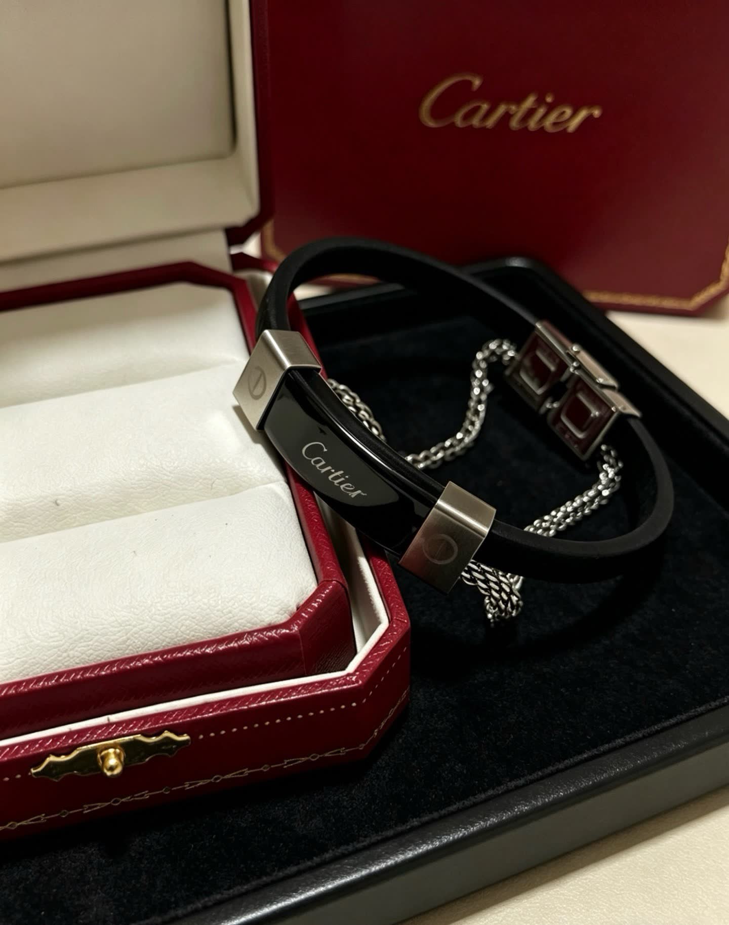 Cartier Black Leather and Steel Bracelet