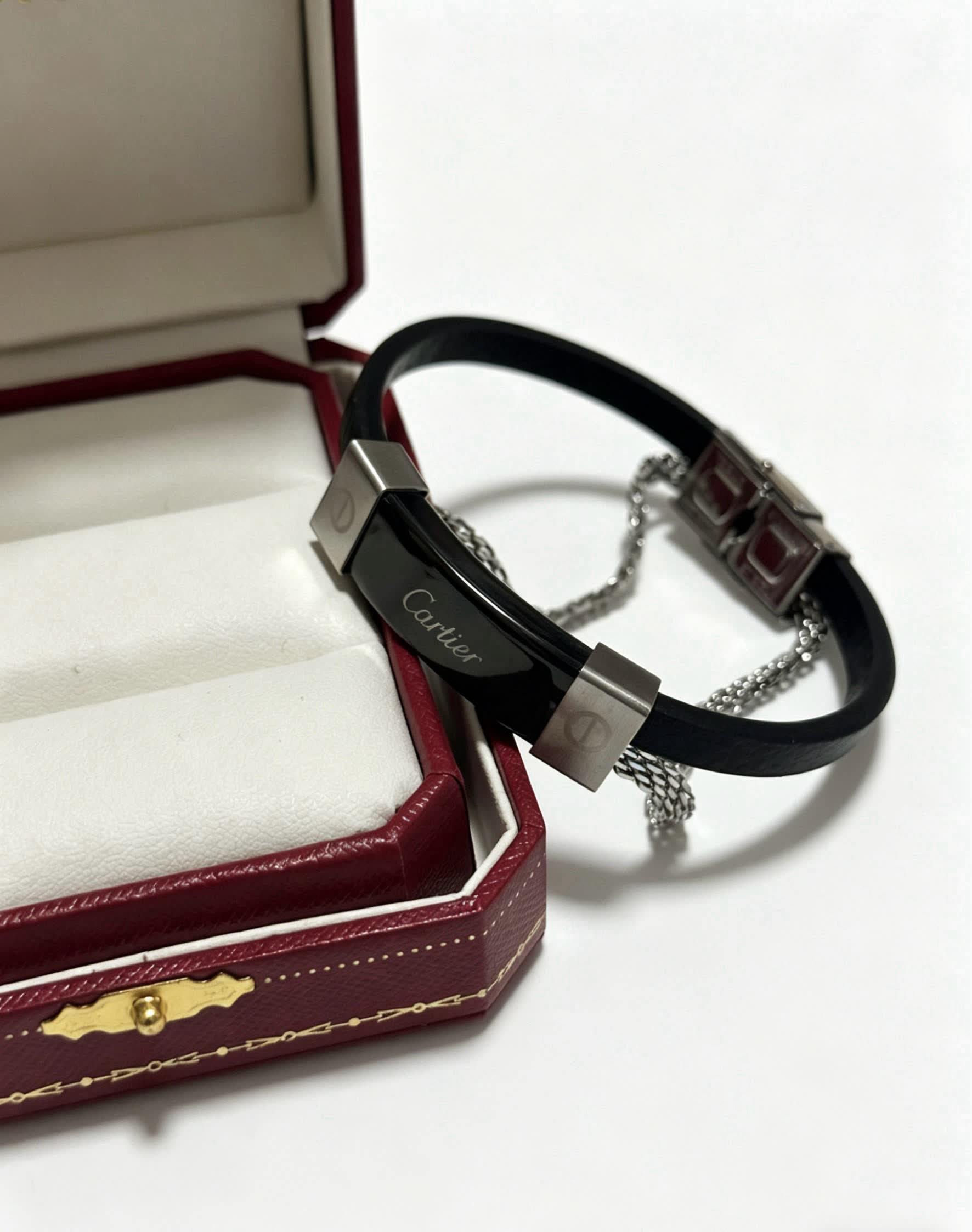 Cartier Black Leather and Steel Bracelet