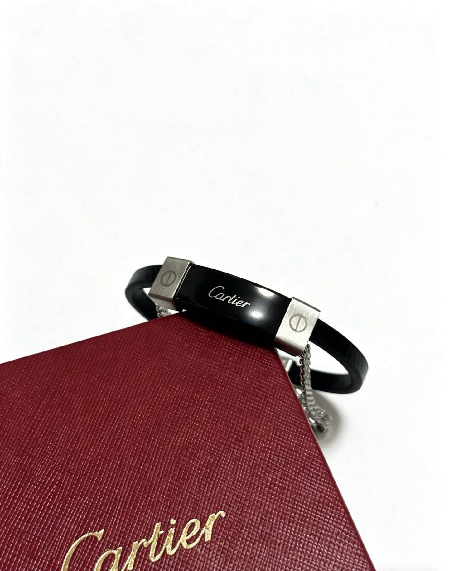 Cartier Black Leather and Steel Bracelet