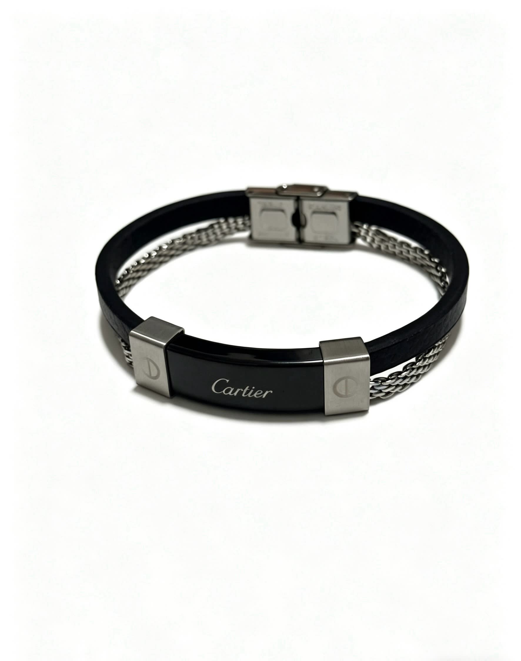 Cartier Black Leather and Steel Bracelet