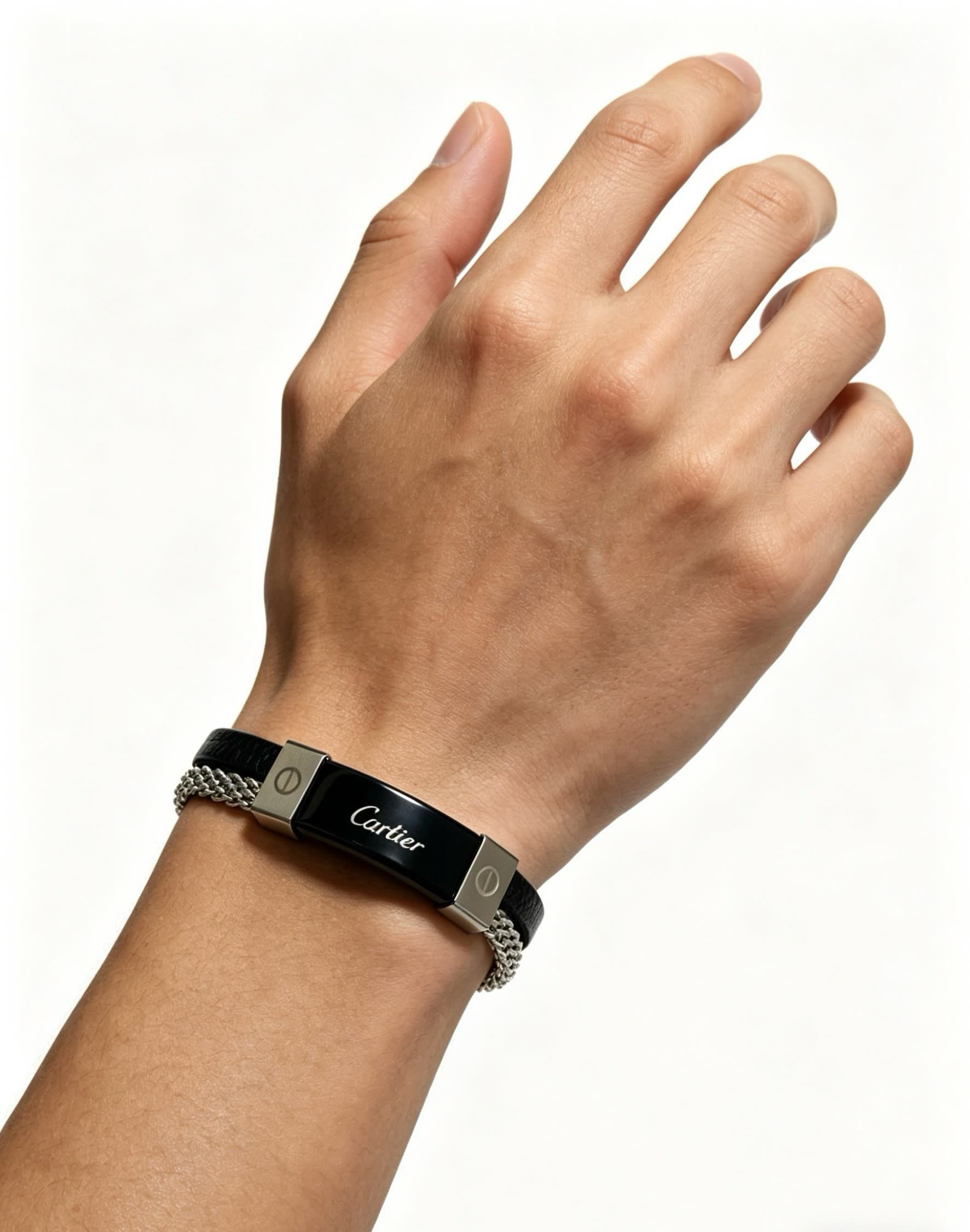 Cartier Black Leather and Steel Bracelet