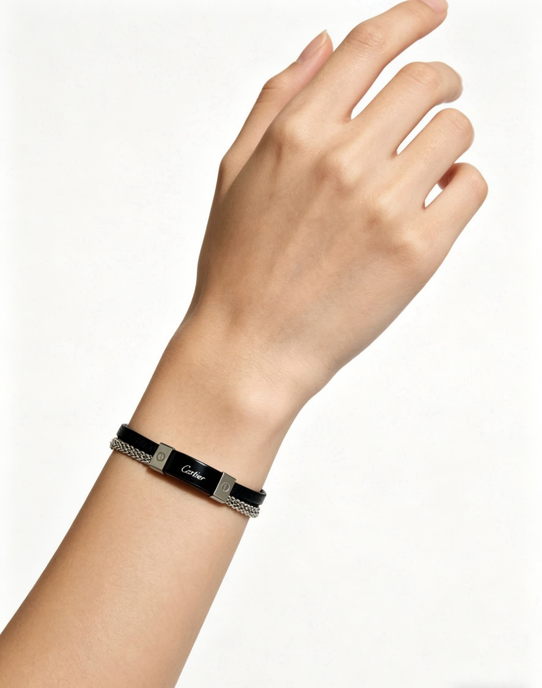 Cartier Black Leather and Steel Bracelet