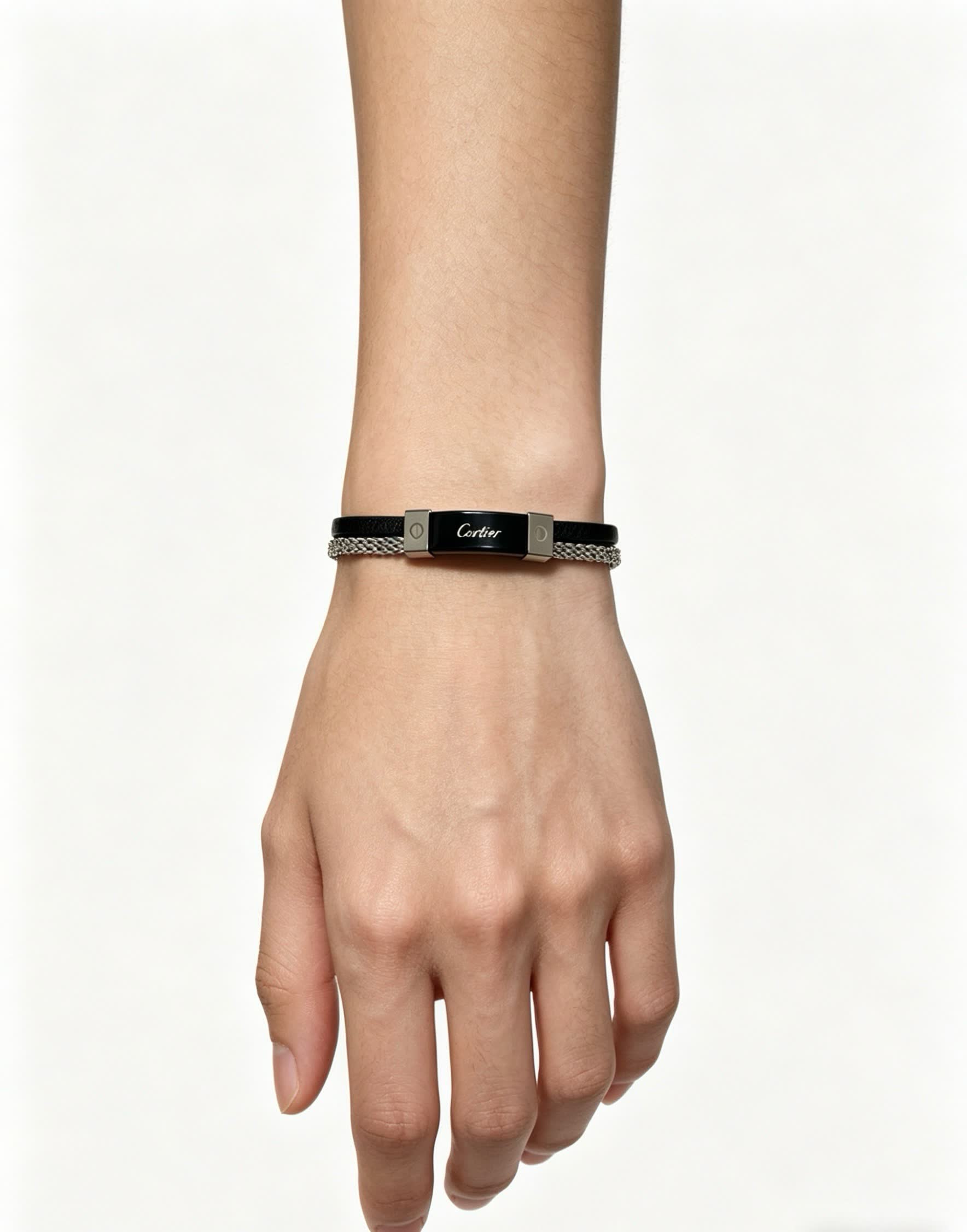 Cartier Black Leather and Steel Bracelet