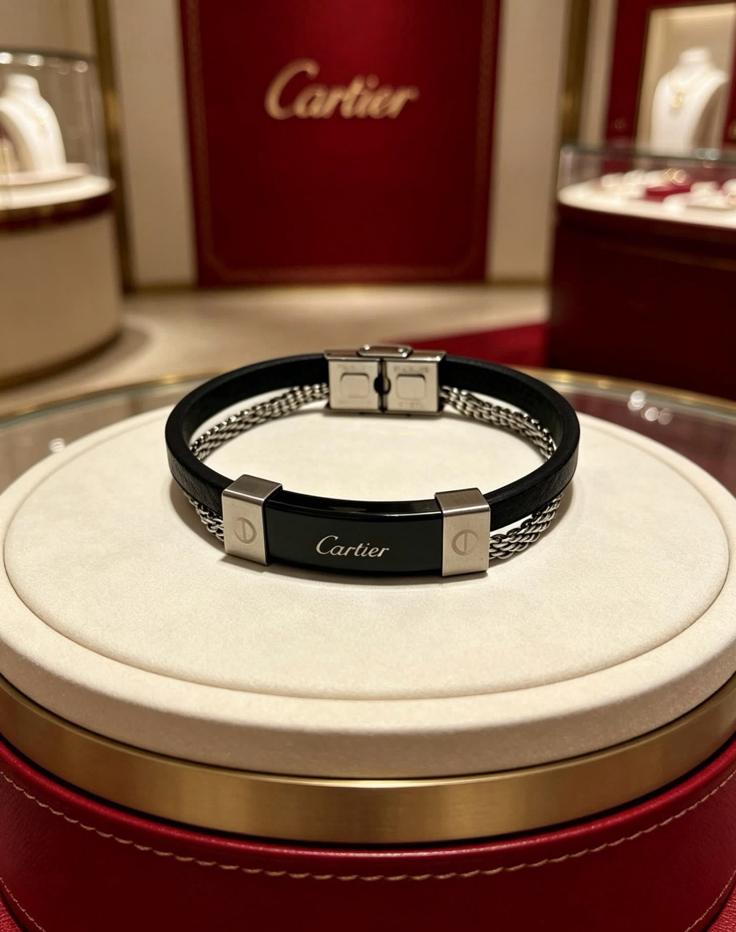 Cartier Black Leather and Steel Bracelet