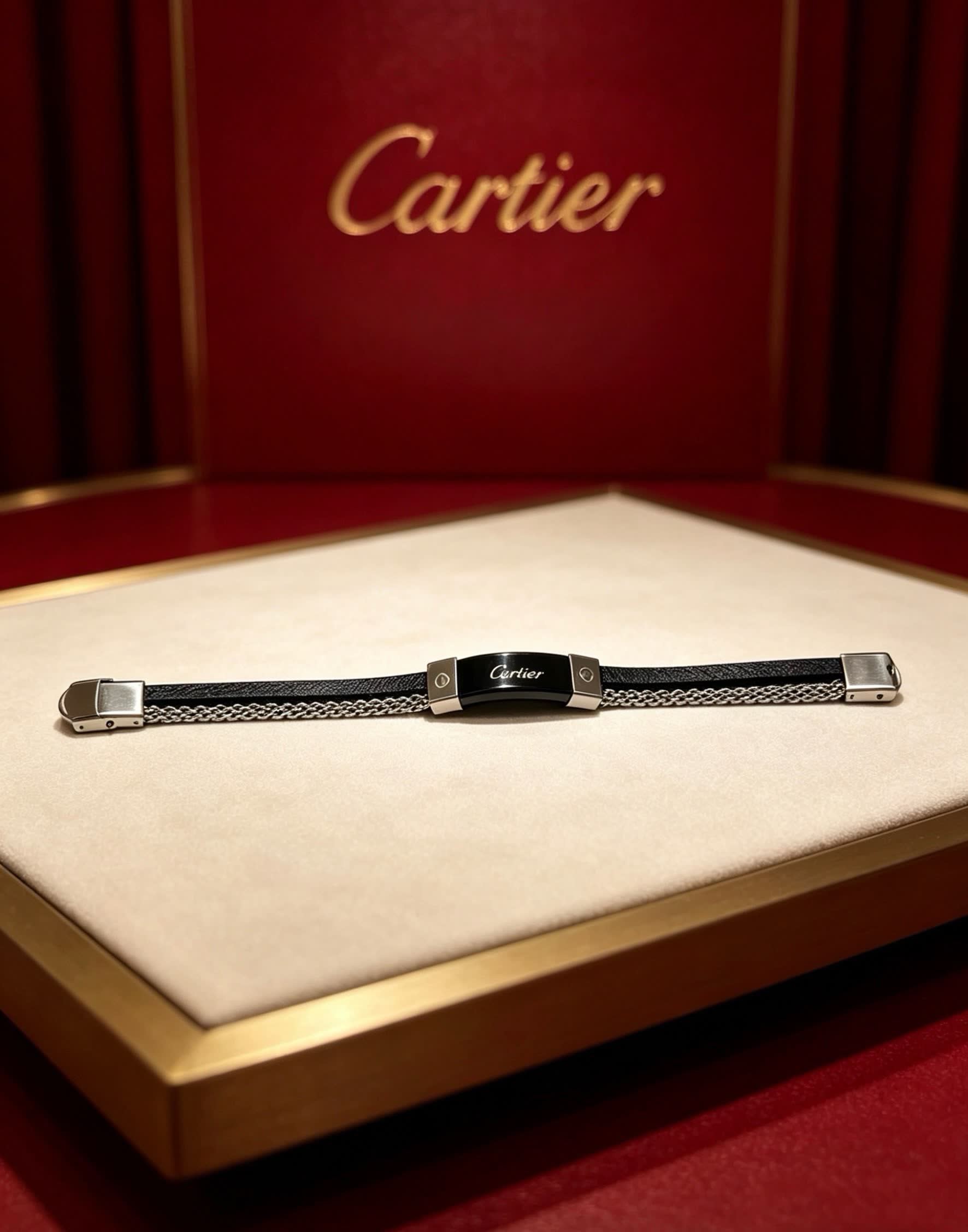Cartier Black Leather and Steel Bracelet