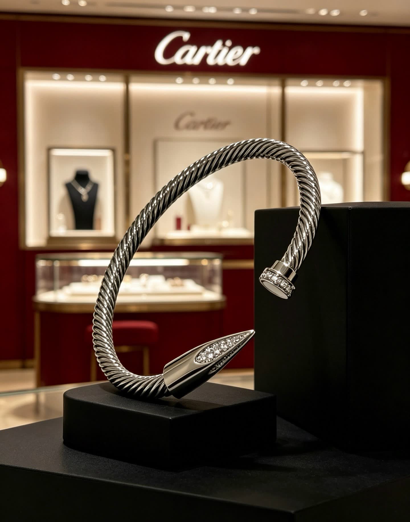 Cartier Silver Diamond-Encrusted Cuff Bracelet