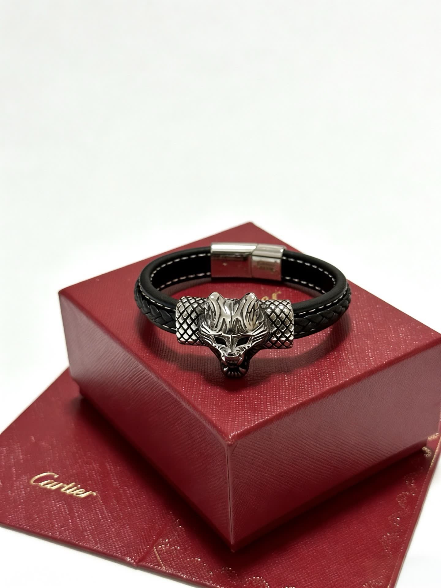 Cartier Black Leather and Silver Panther Bracelet Cartier Black Leather and Silver Panther Bracelet