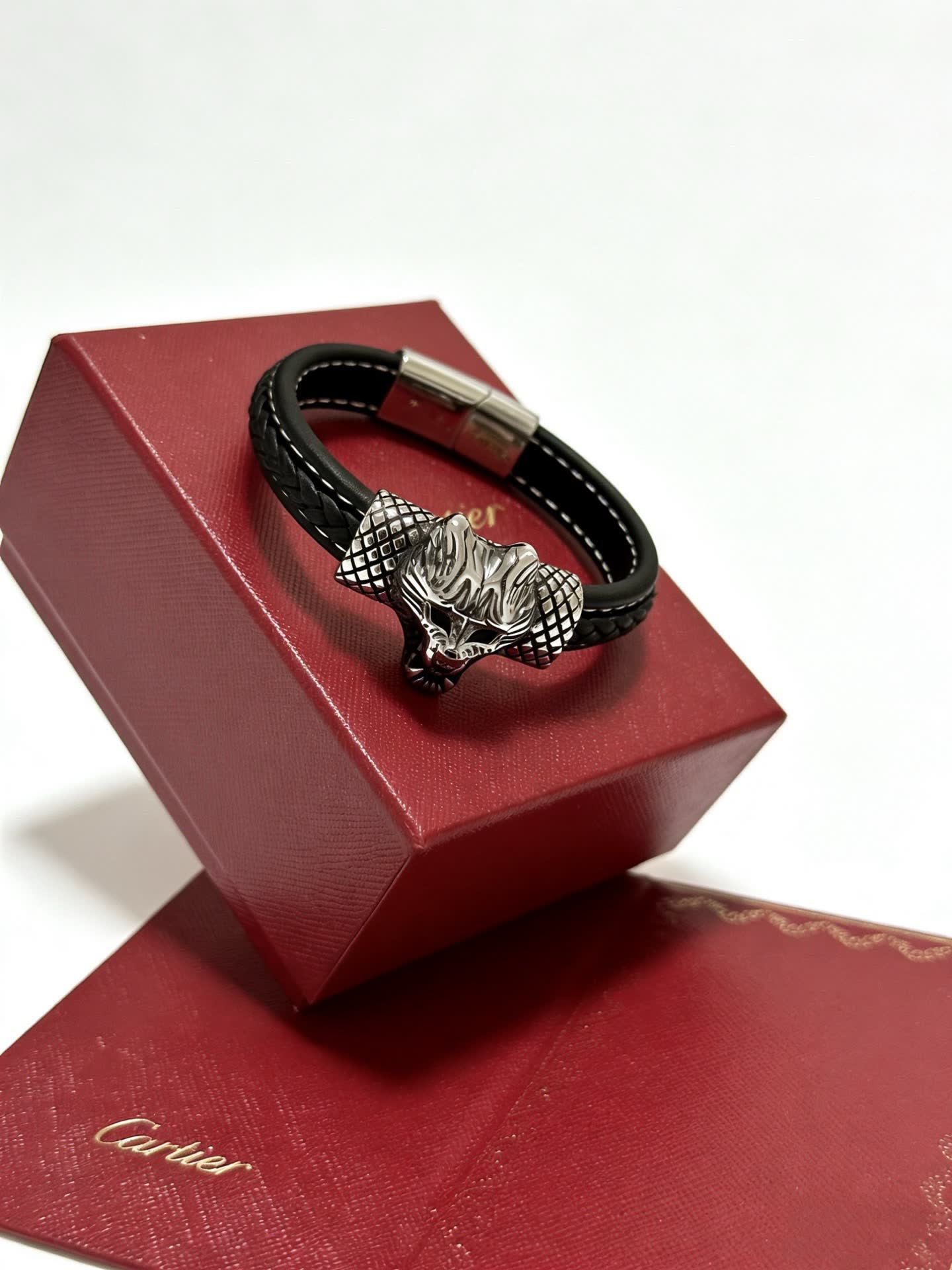 Cartier Black Leather and Silver Panther Bracelet