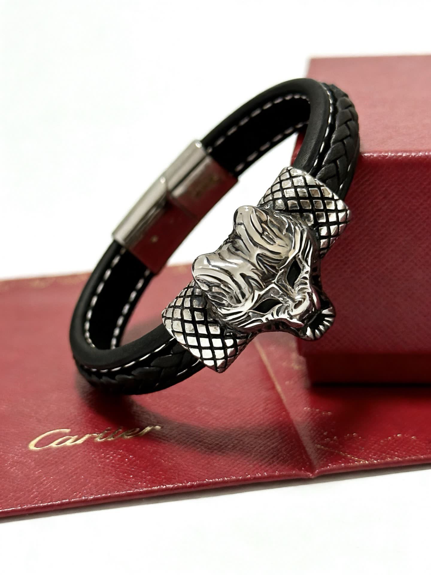 Cartier Black Leather and Silver Panther Bracelet