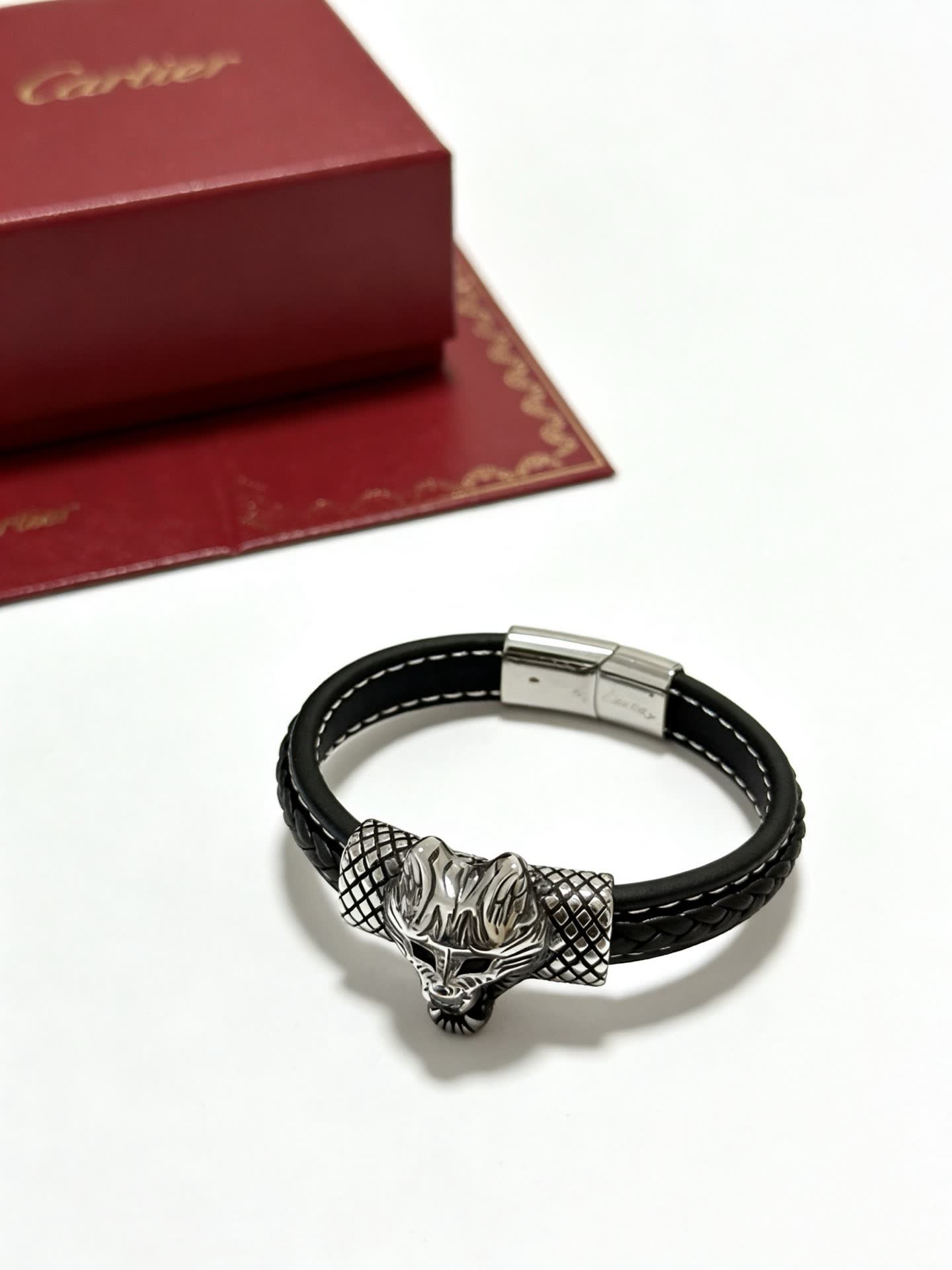 Cartier Black Leather and Silver Panther Bracelet