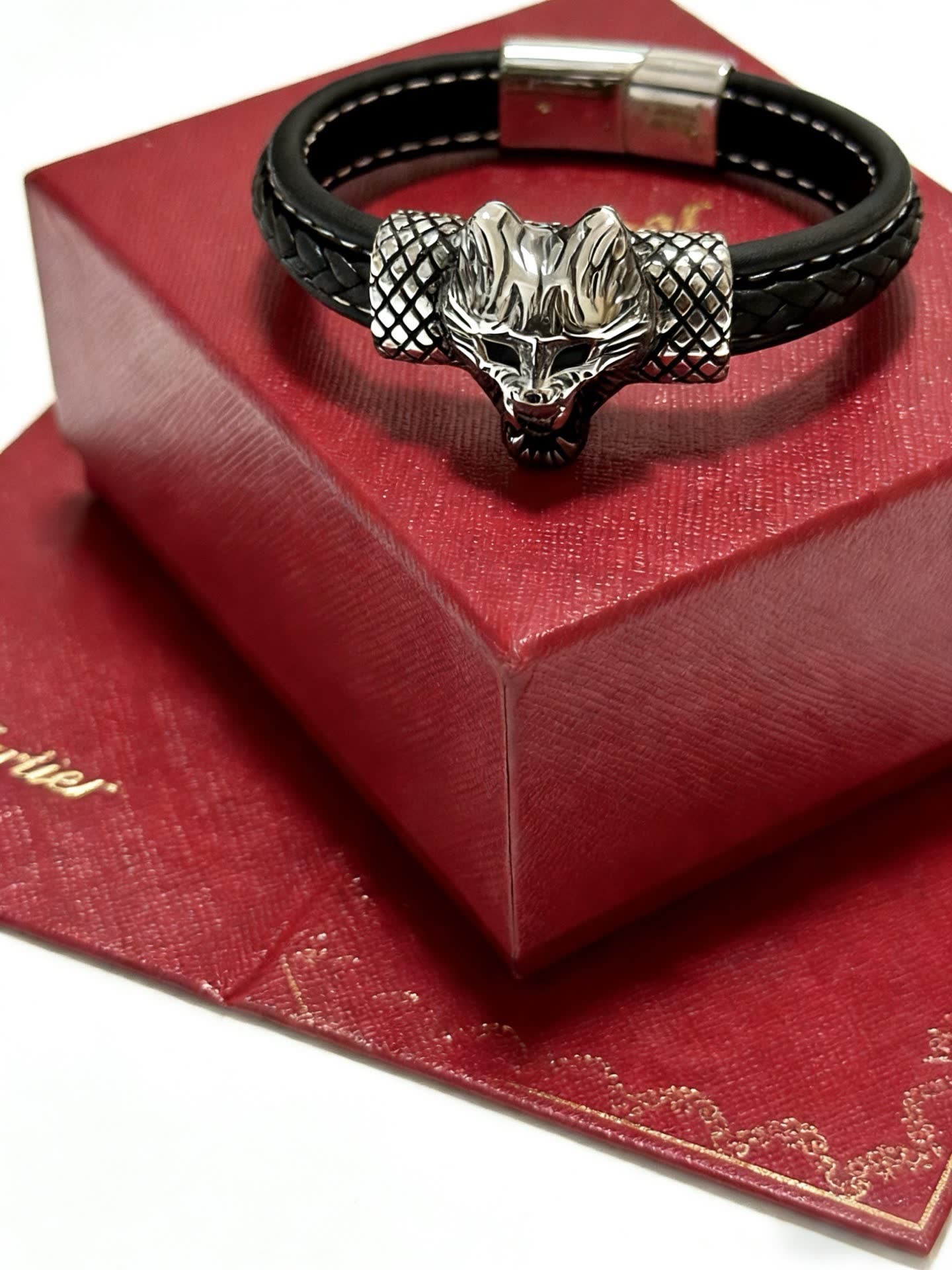 Cartier Black Leather and Silver Panther Bracelet