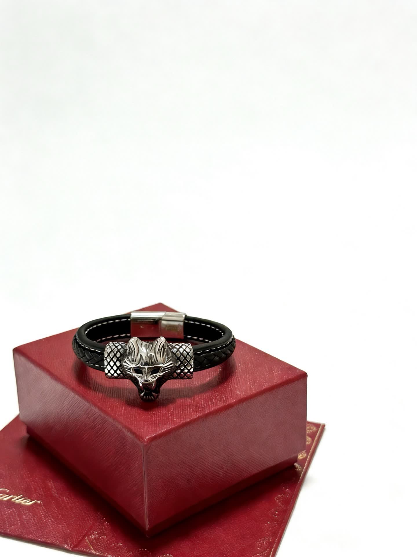 Cartier Black Leather and Silver Panther Bracelet