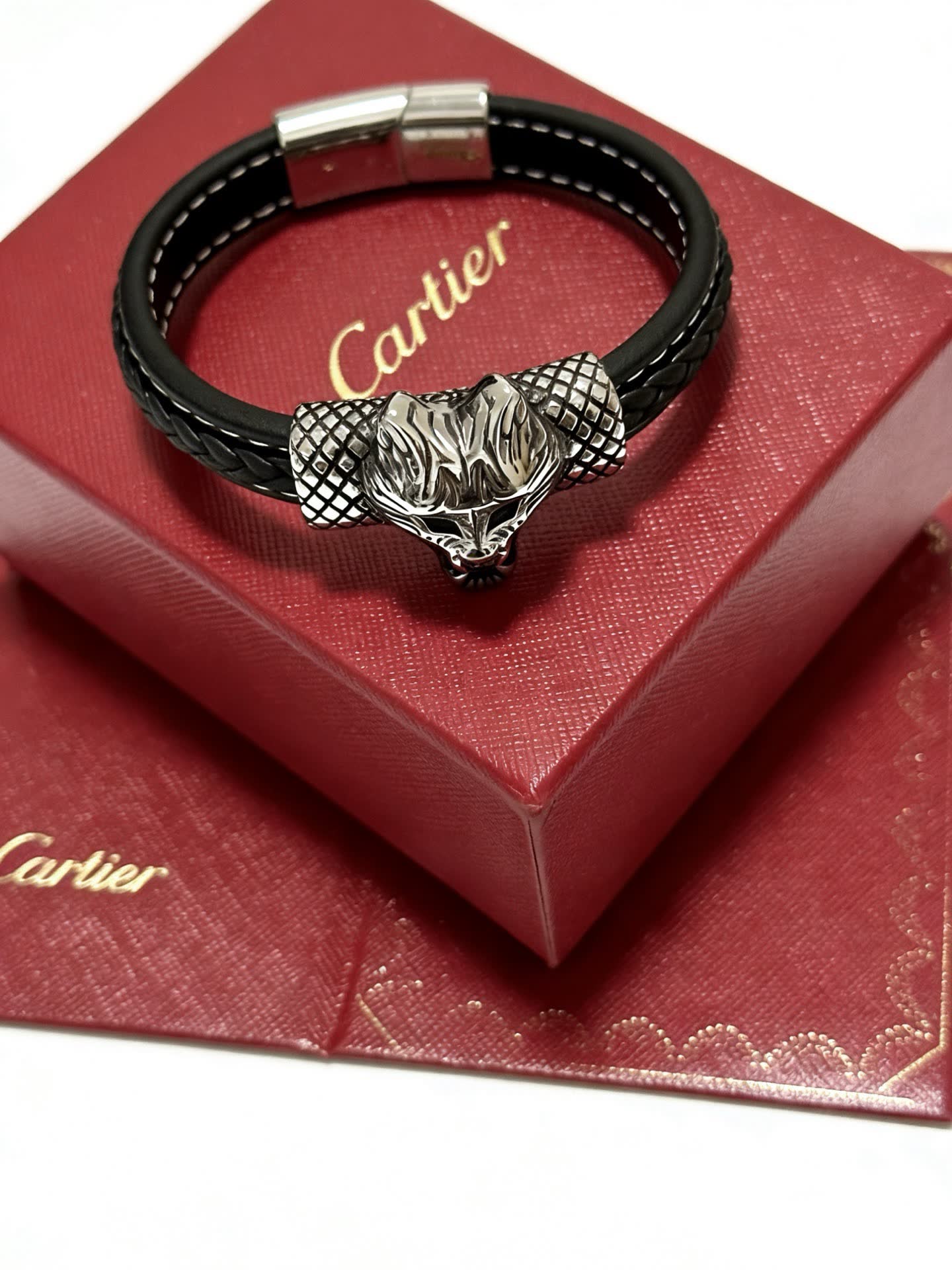 Cartier Black Leather and Silver Panther Bracelet