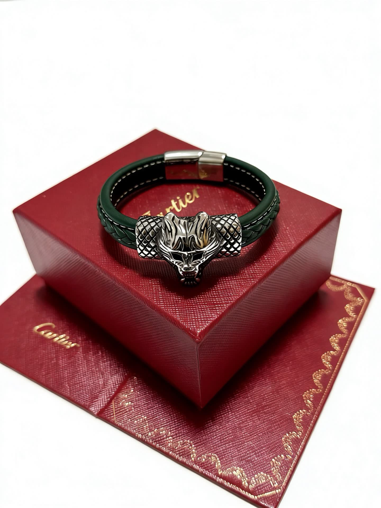 Cartier Black Leather and Silver Panther Bracelet
