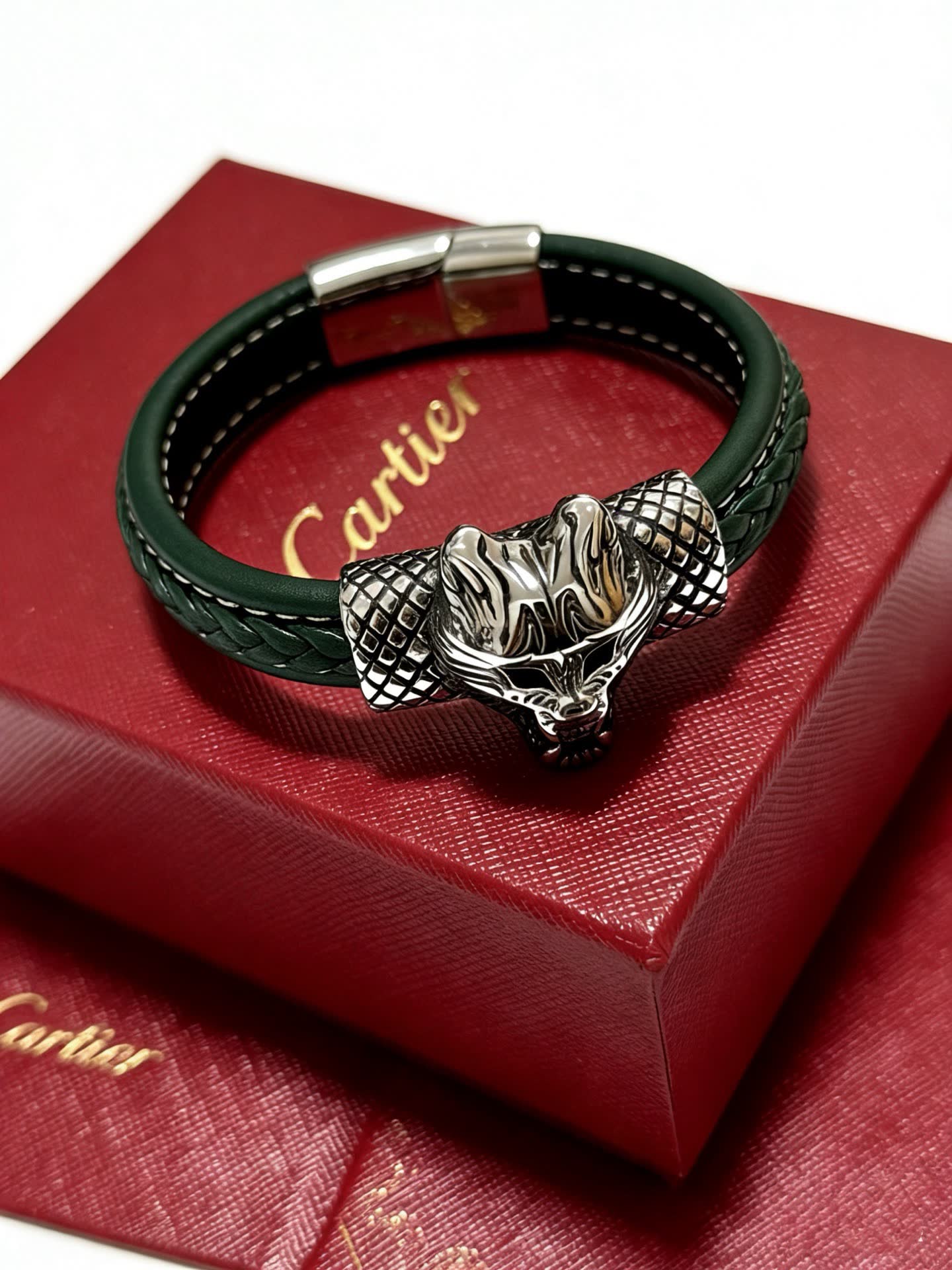 Cartier Black Leather and Silver Panther Bracelet