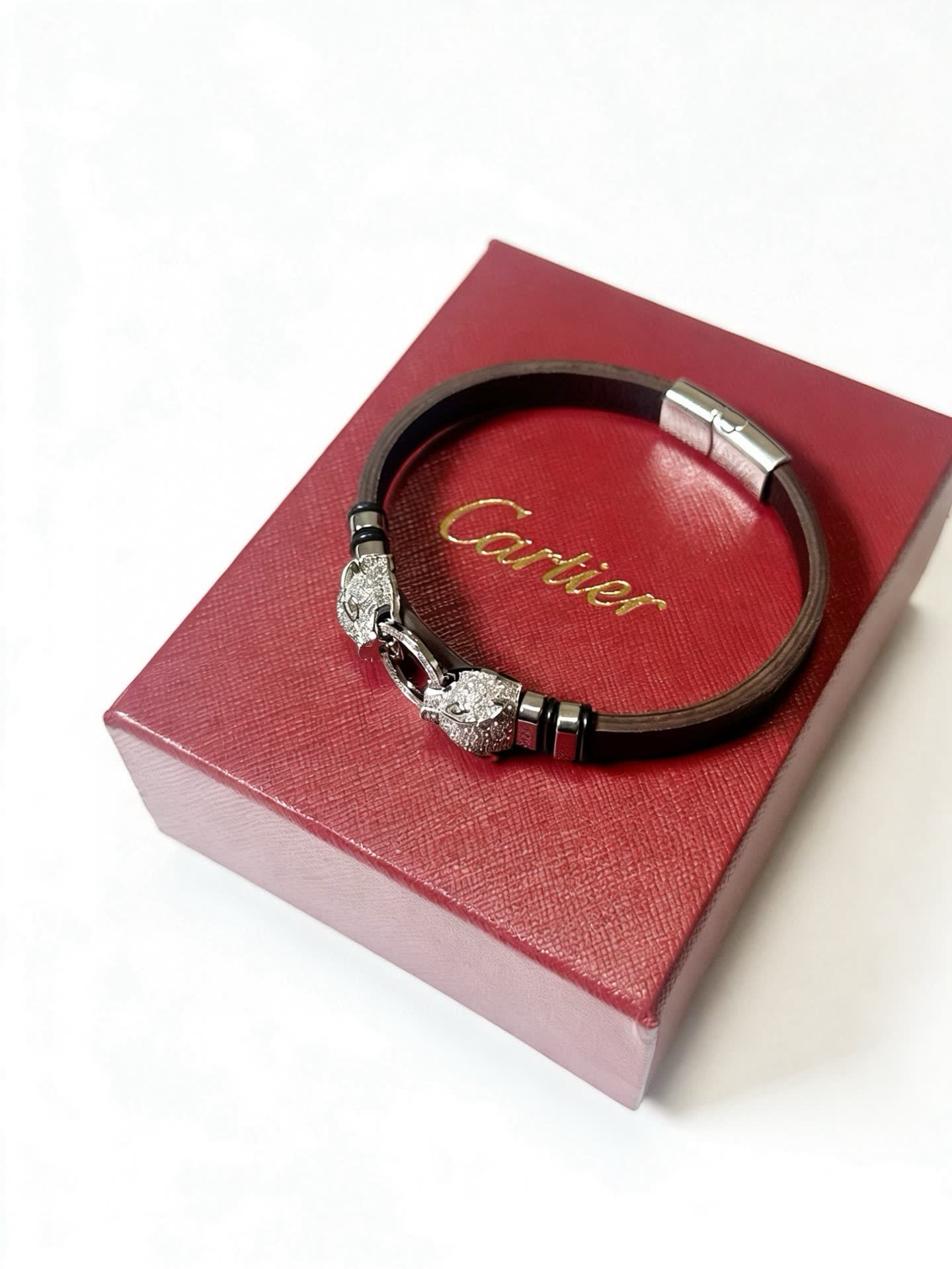 Cartier Black Leather and Silver Bracelet