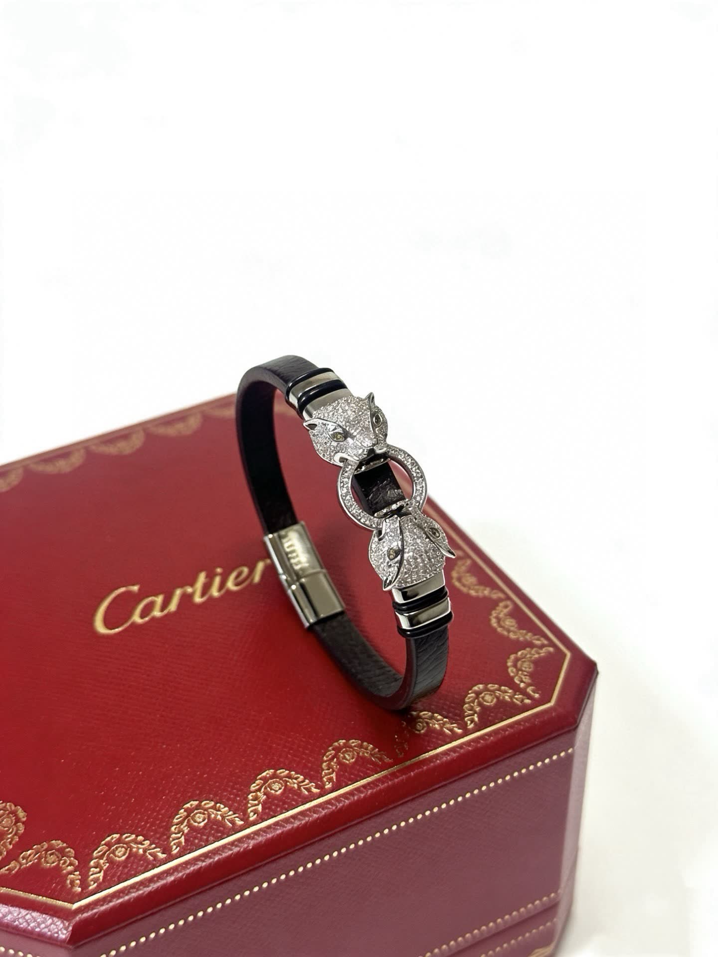 Cartier Black Leather and Silver Bracelet