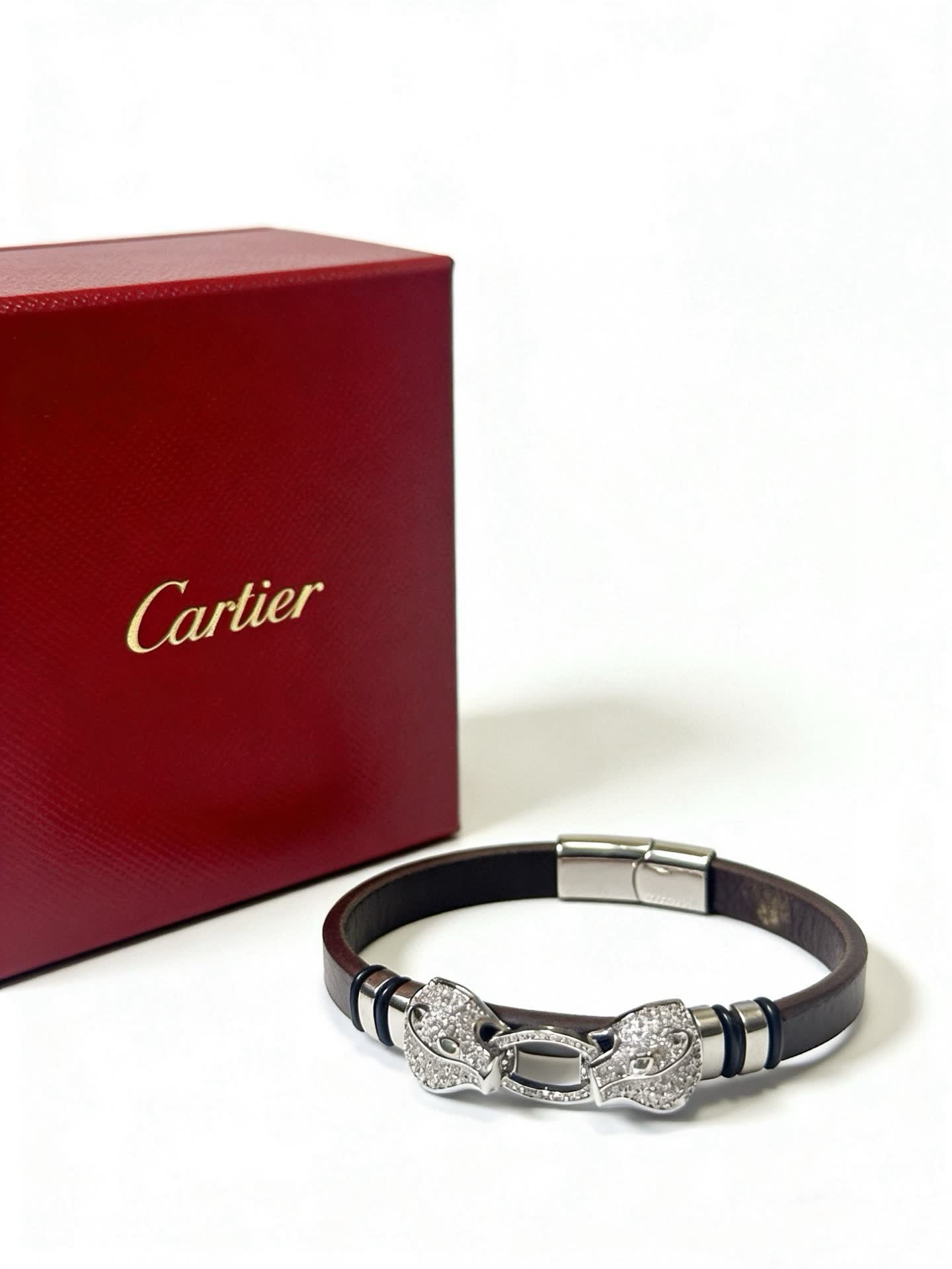 Cartier Black Leather and Silver Bracelet