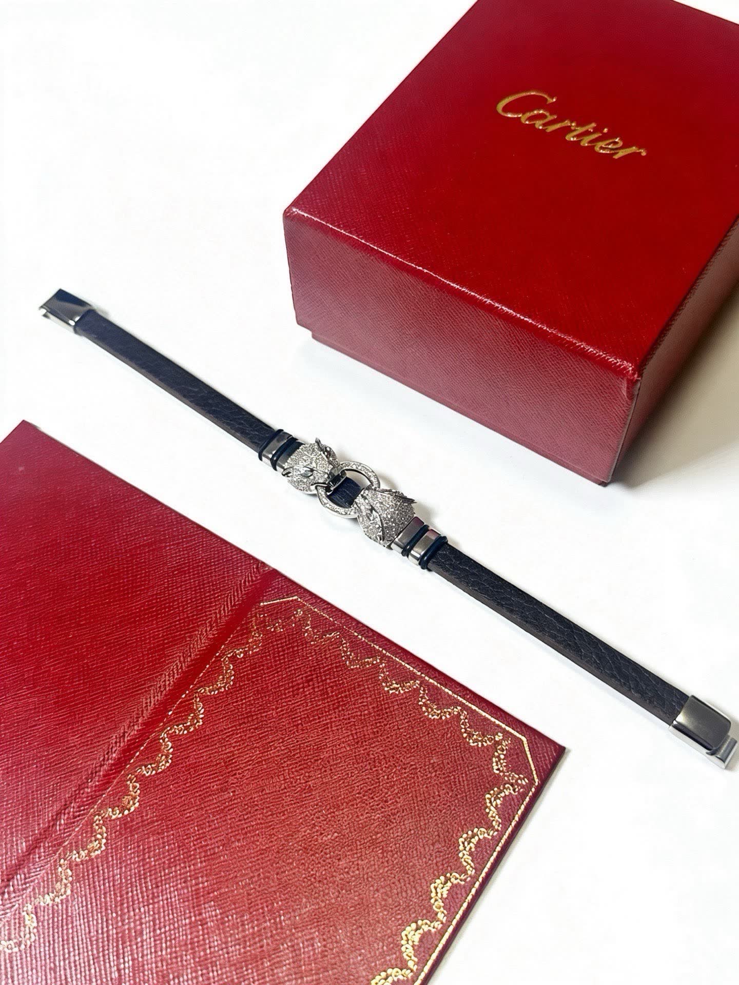 Cartier Black Leather and Silver Bracelet