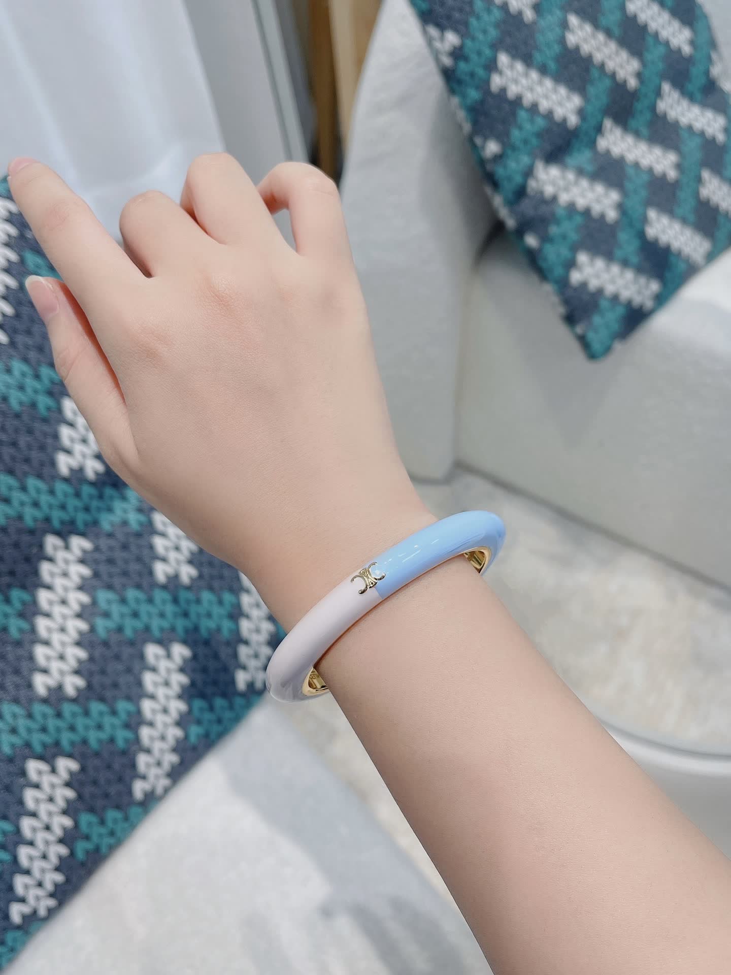 Celine Pastel Blue and White Enamel Bangle Bracelet