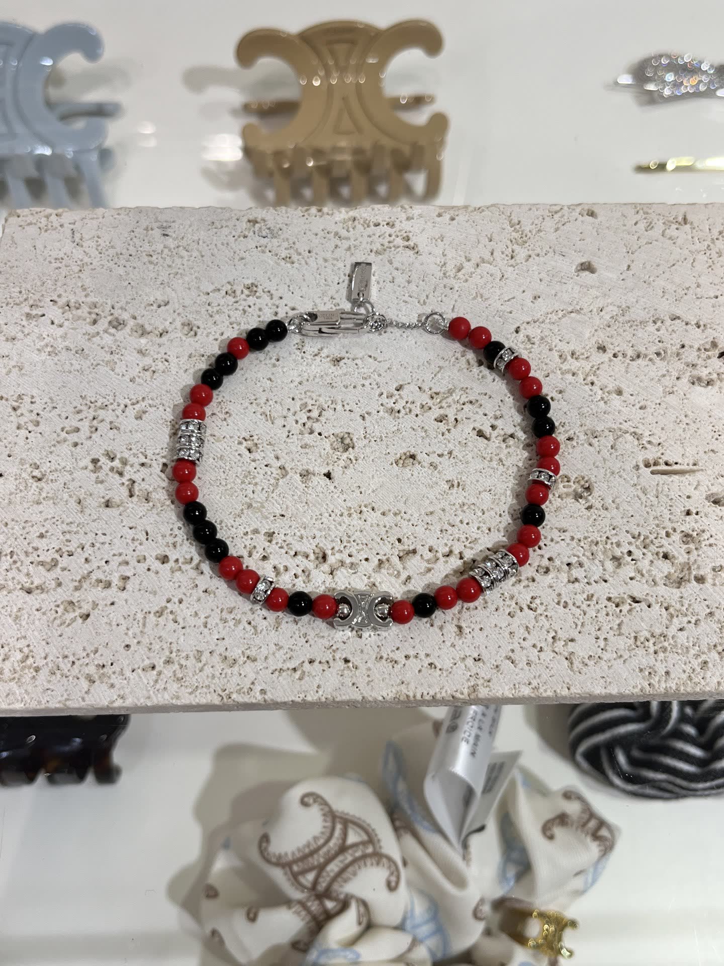 Celine Red Beaded Bracelet with Silver Charm