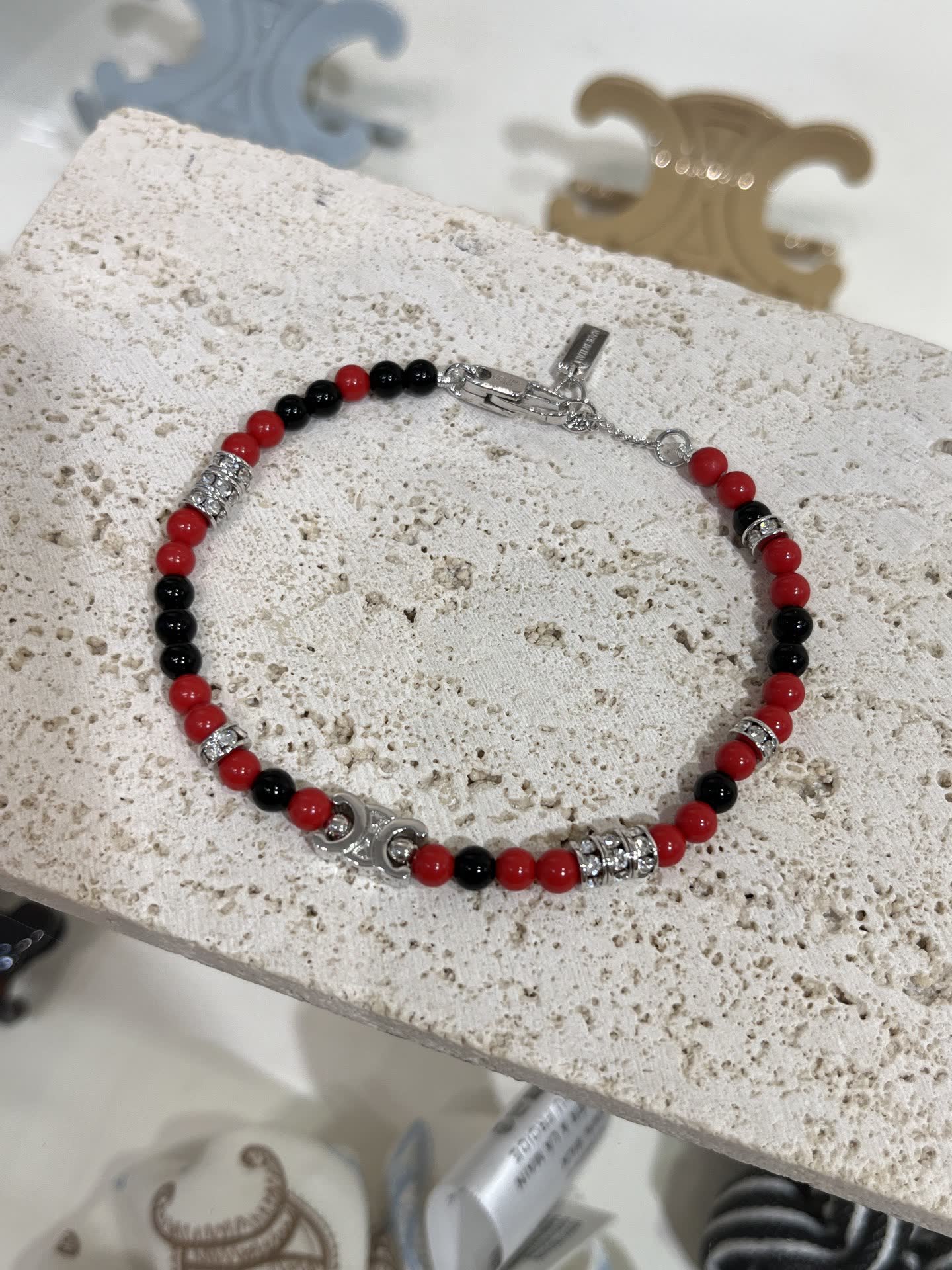 Celine Red Beaded Bracelet with Silver Charm