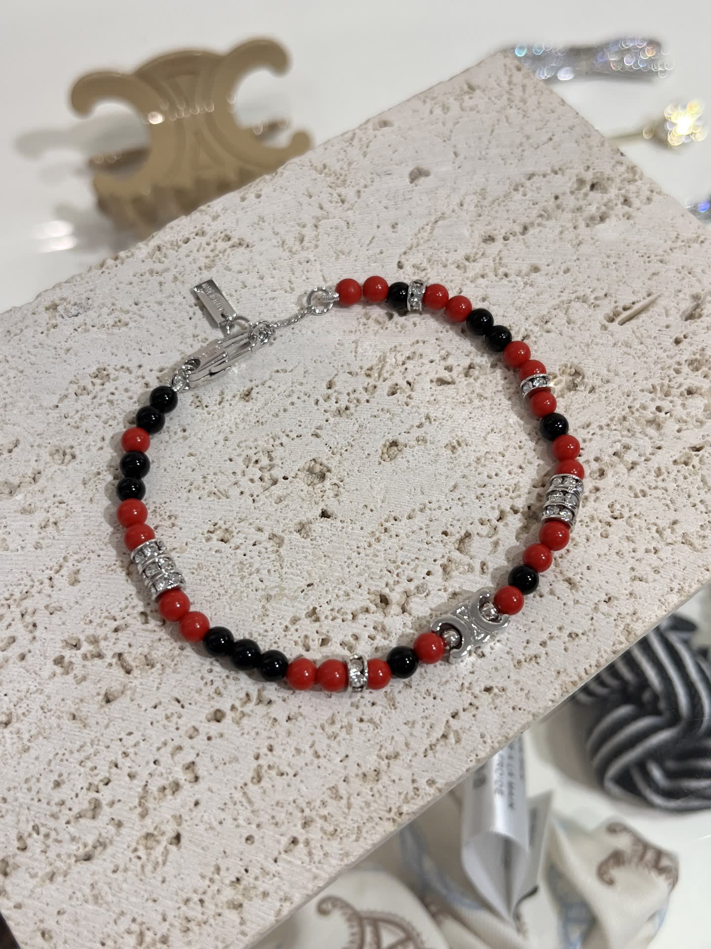 Celine Red Beaded Bracelet with Silver Charm