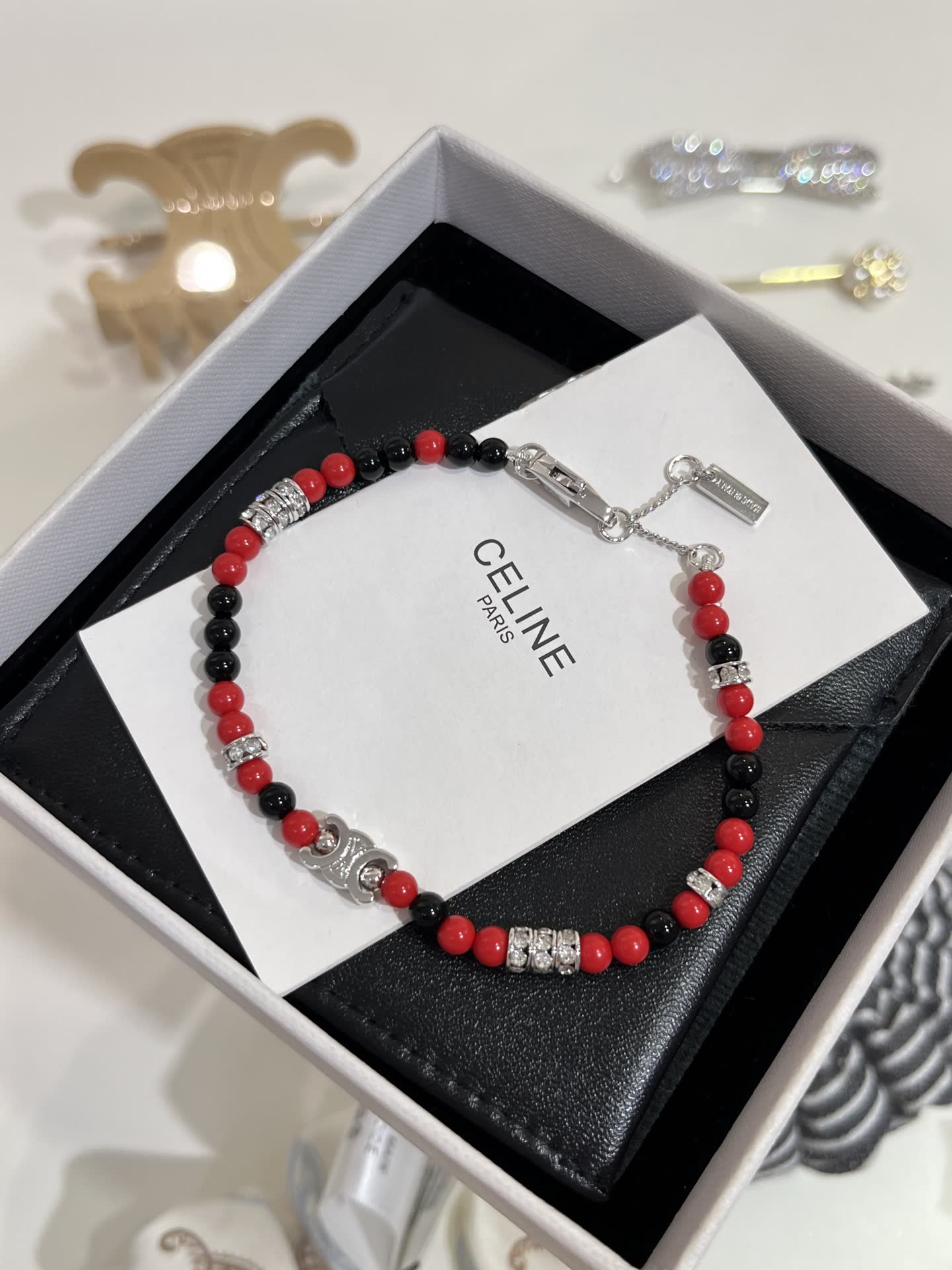 Celine Red Beaded Bracelet with Silver Charm