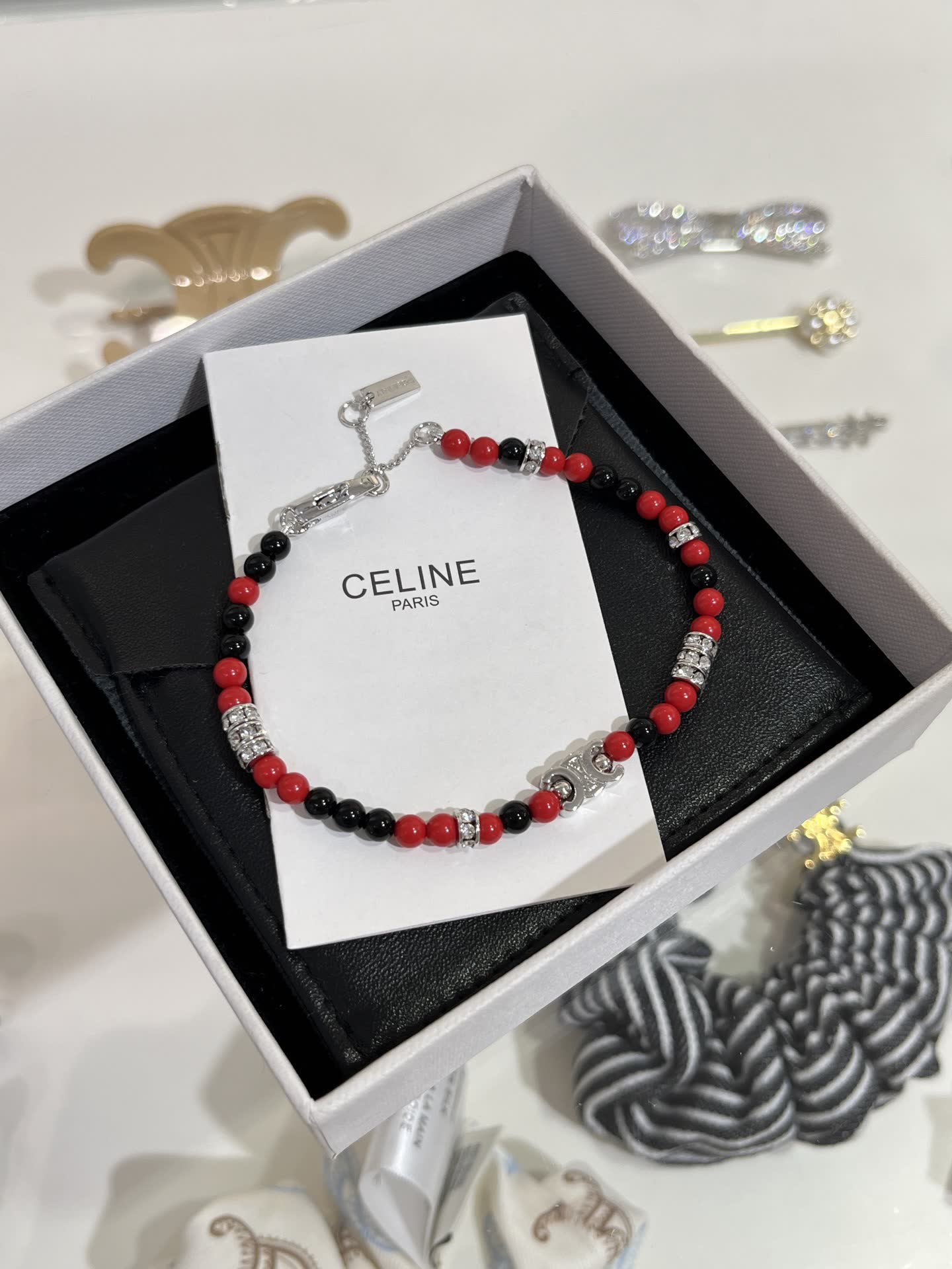 Celine Red Beaded Bracelet with Silver Charm