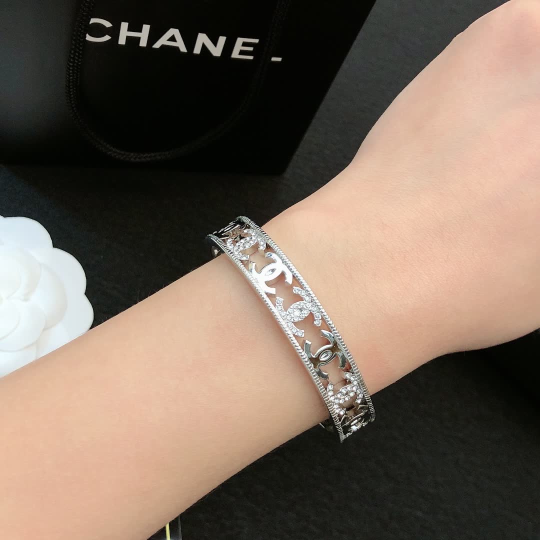 Chanel Silver Bracelet with CC Logo and Diamonds