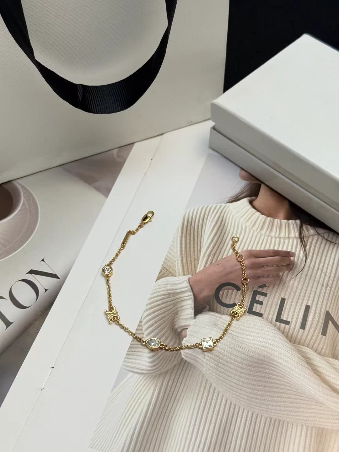 Celine Gold Tone Crystal Link Bracelet