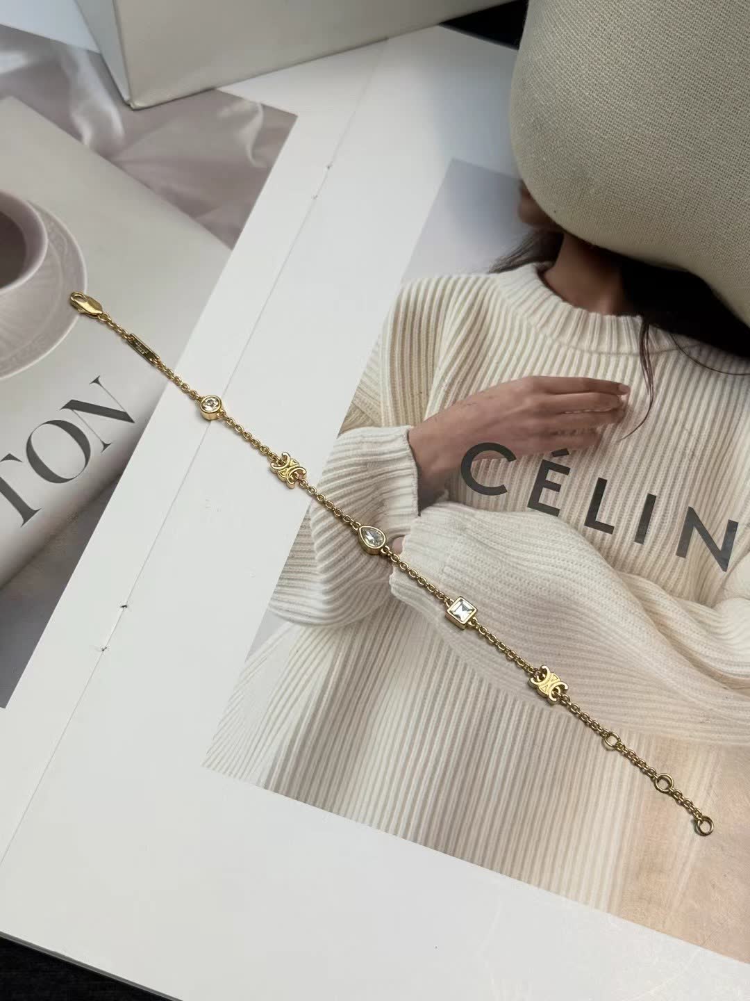 Celine Gold Tone Crystal Link Bracelet