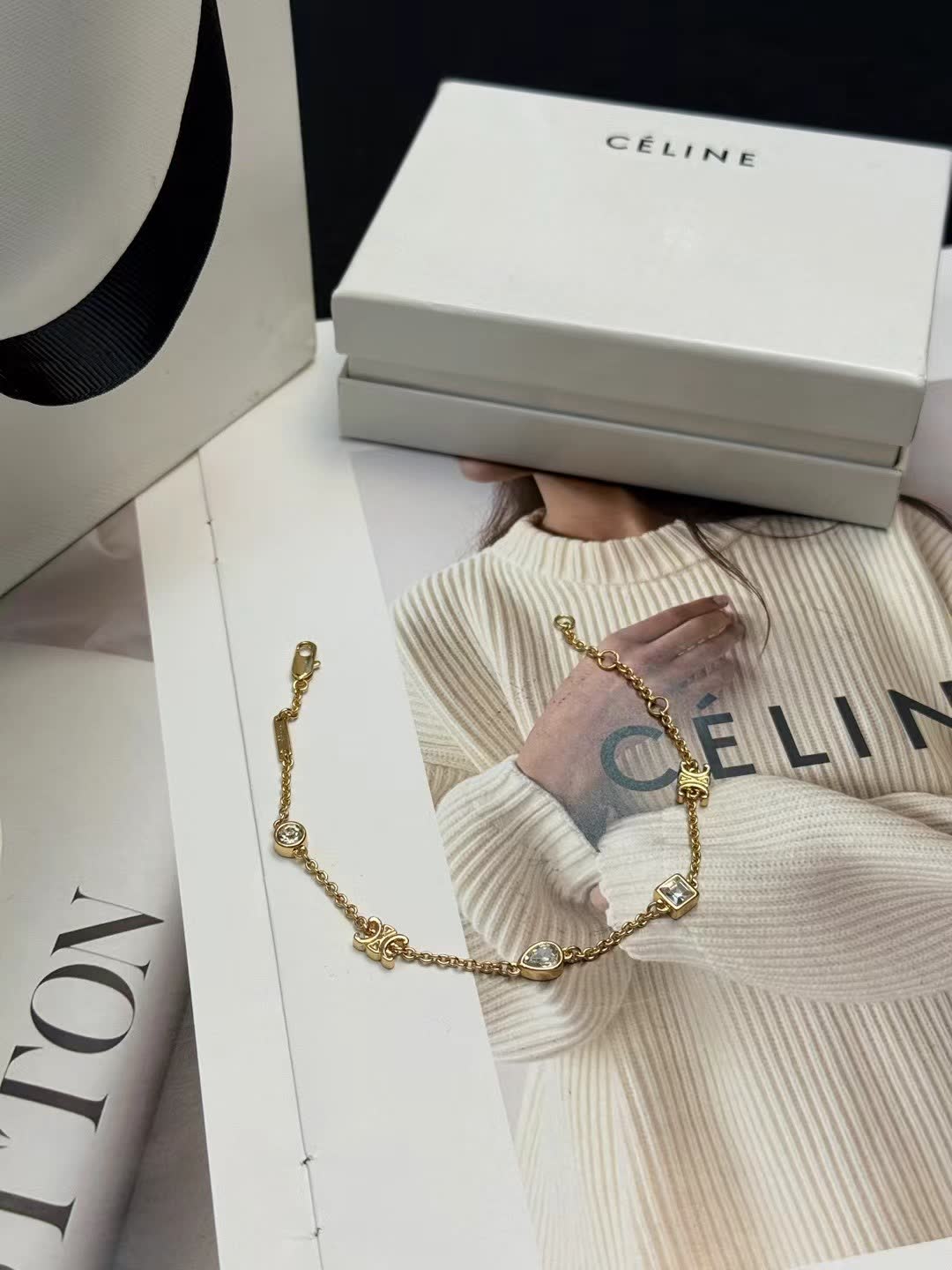 Celine Gold Tone Crystal Link Bracelet