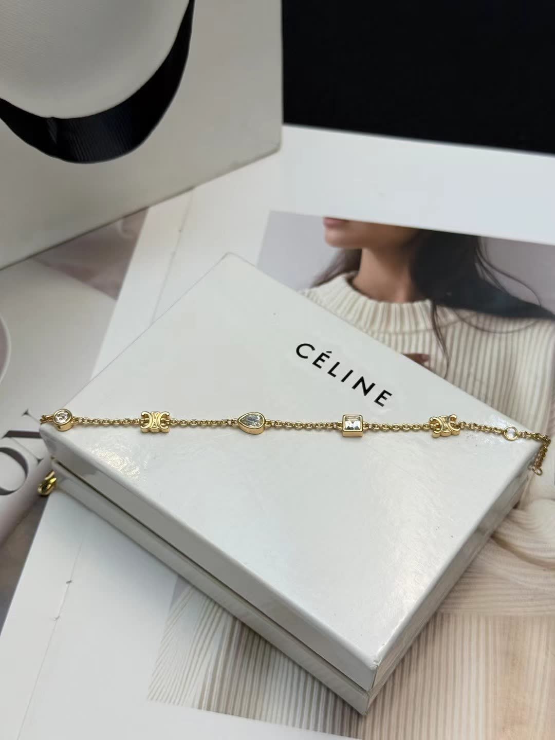 Celine Gold Tone Crystal Link Bracelet