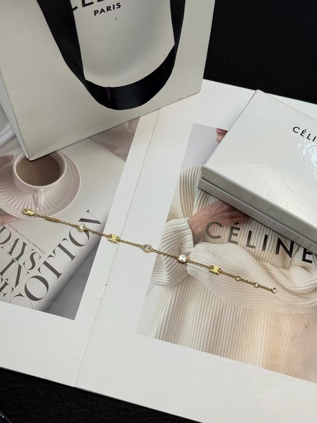 Celine Gold Tone Crystal Link Bracelet