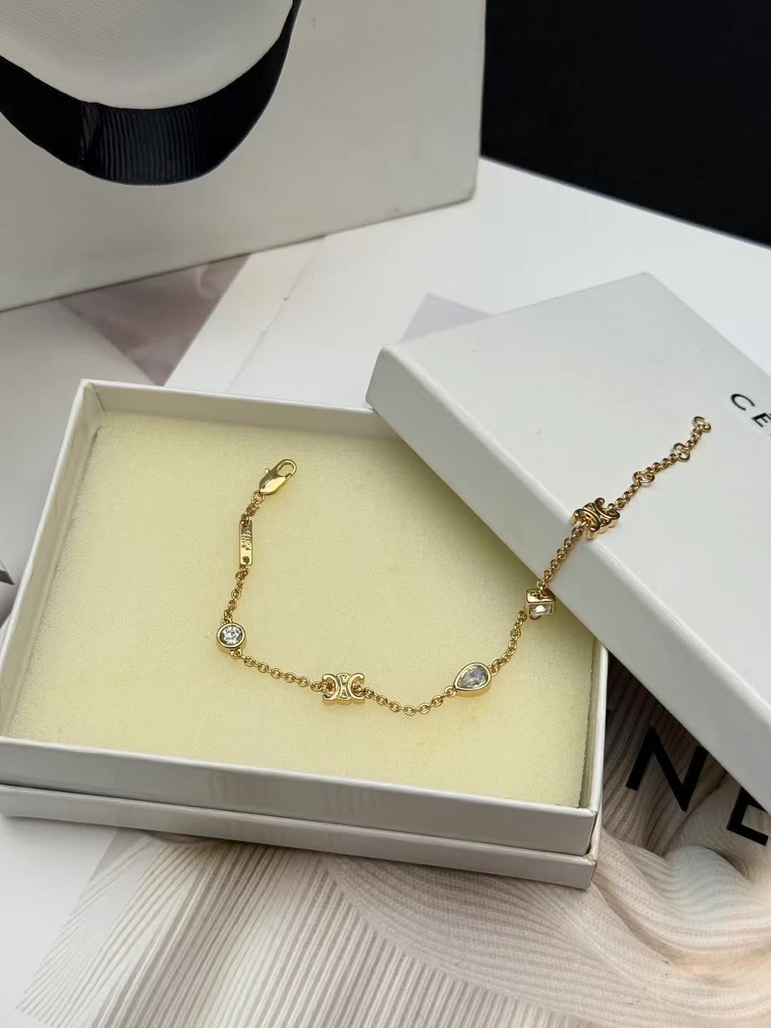 Celine Gold Tone Crystal Link Bracelet