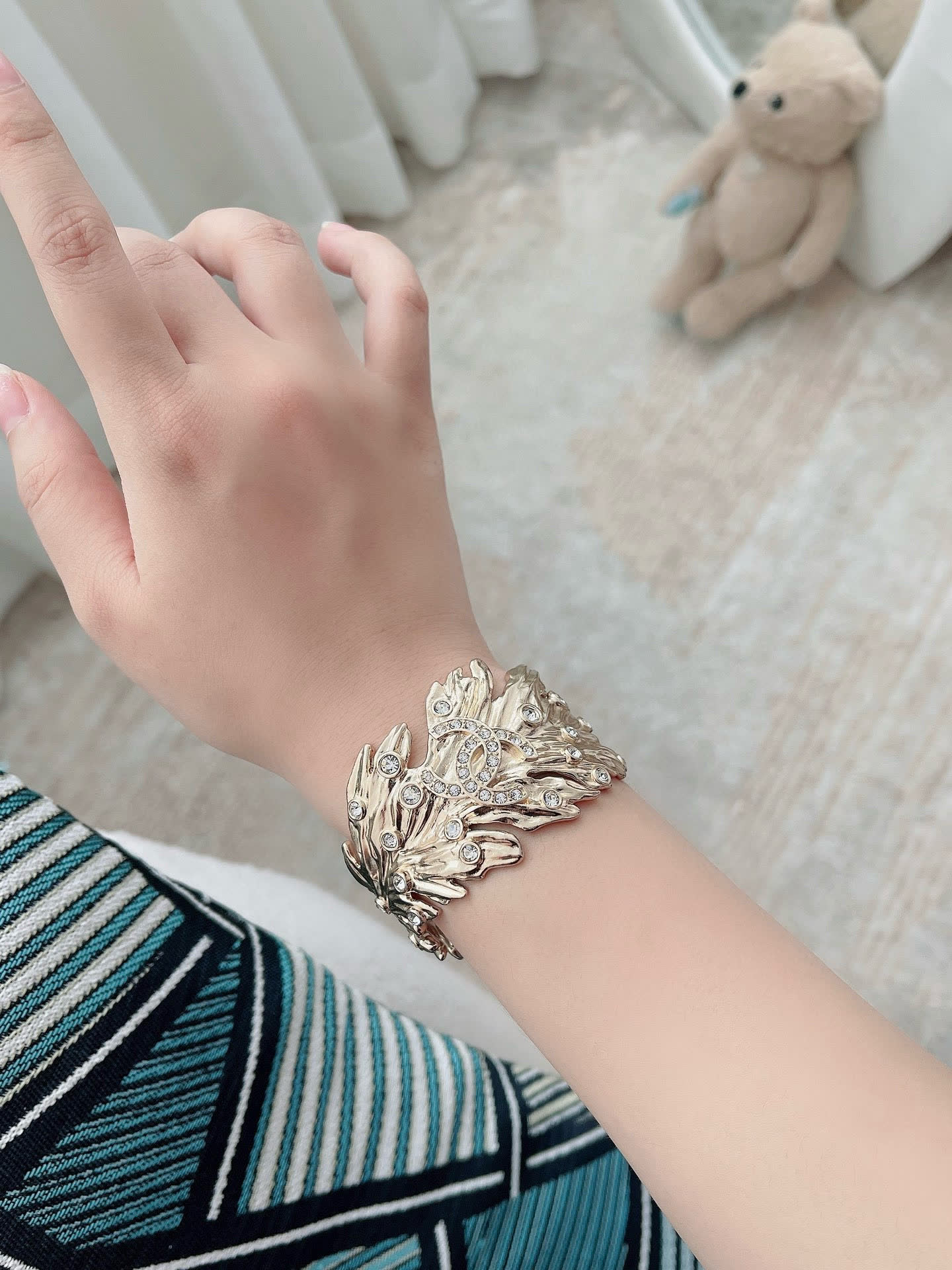 Chanel Gold Feather Bracelet with Rhinestones