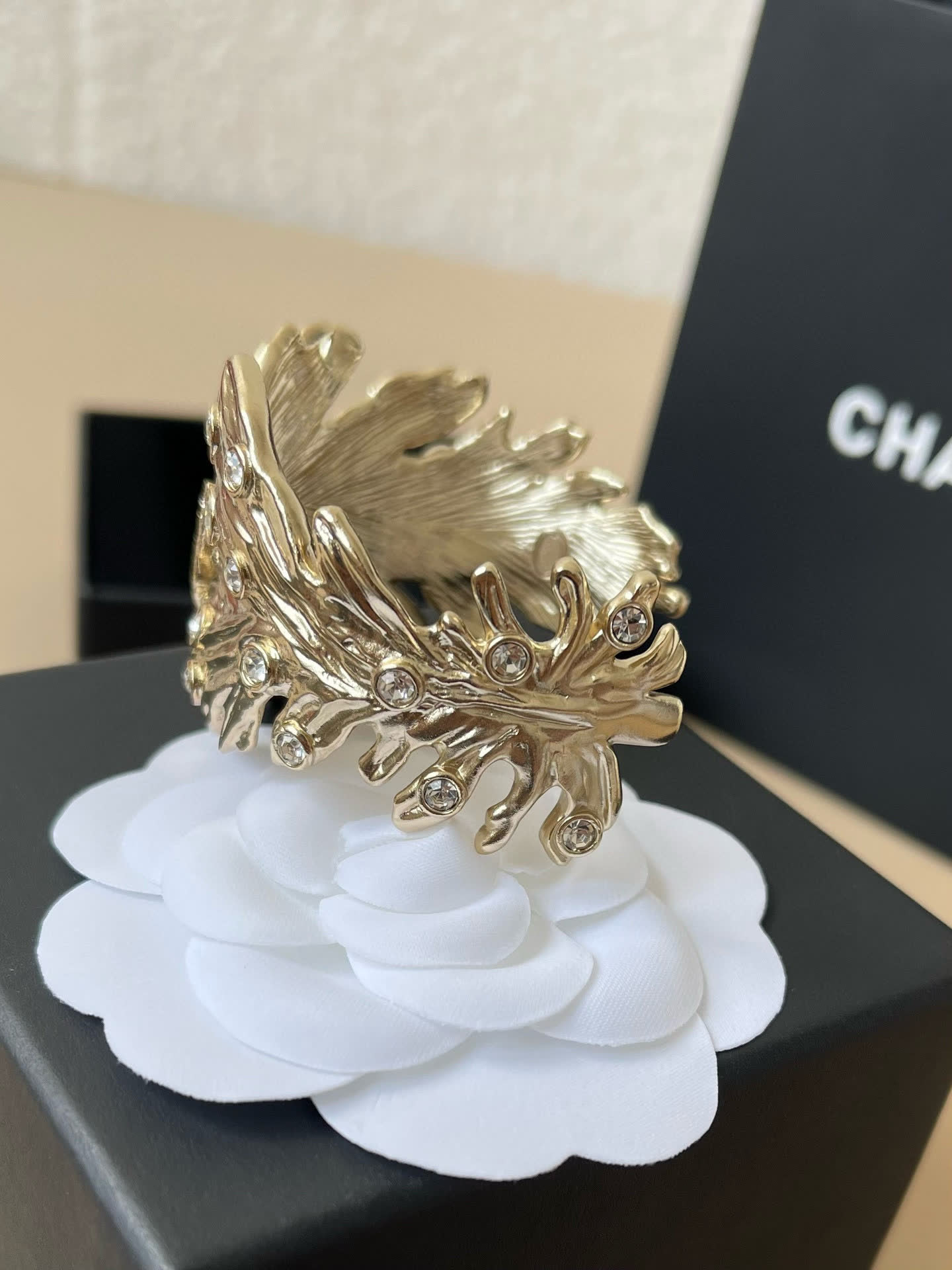 Chanel Gold Feather Bracelet with Rhinestones