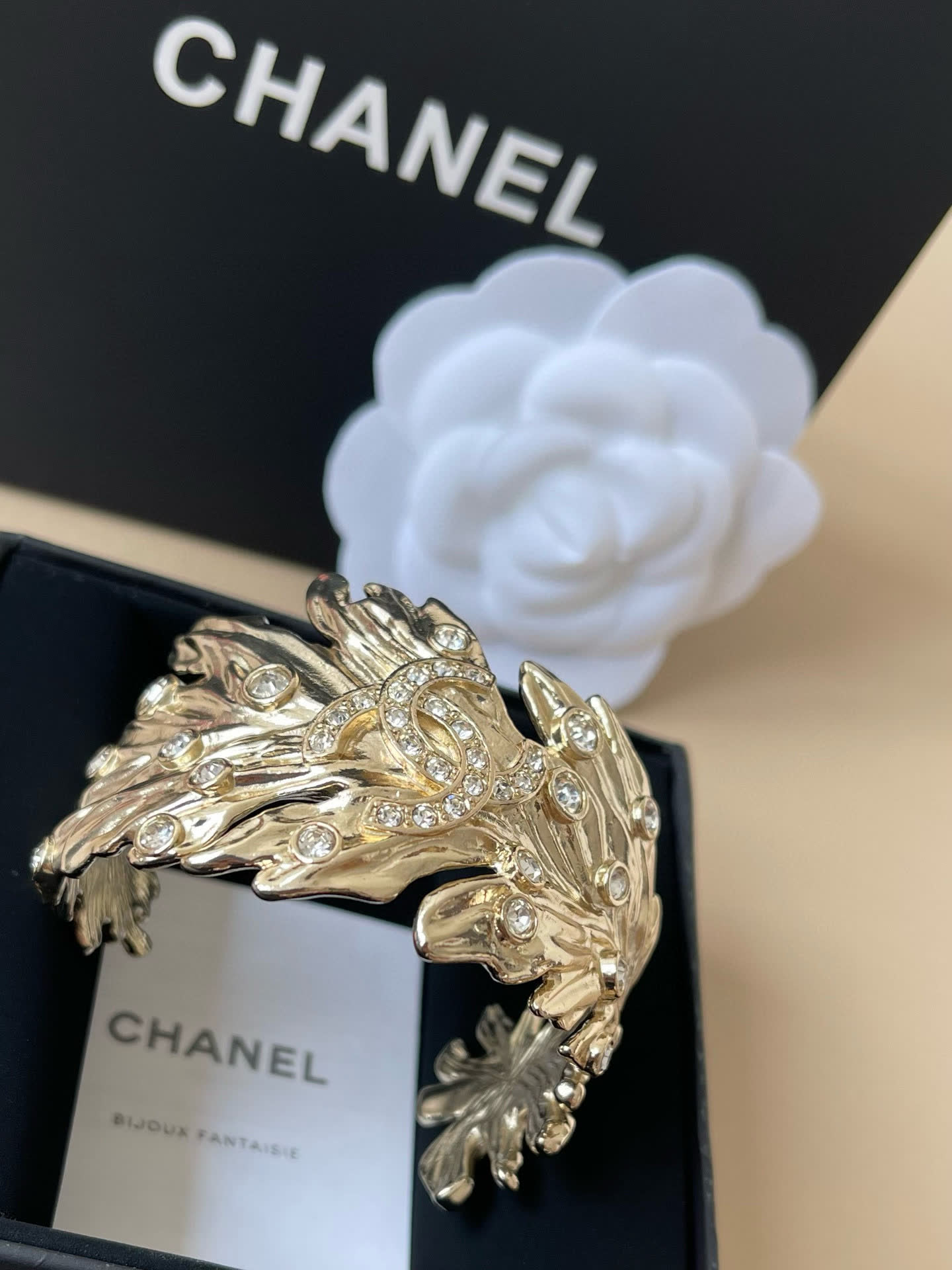 Chanel Gold Feather Bracelet with Rhinestones
