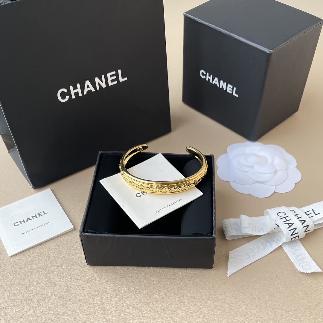 Chanel Gold Plated Engraved Bangle Bracelet