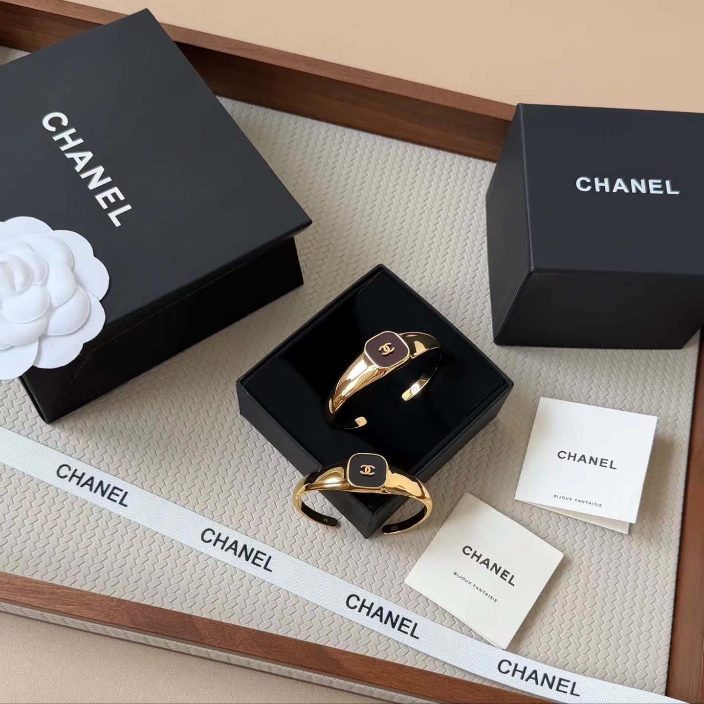 Chanel Gold Tone Bracelet with Black Enamel CC Logo
