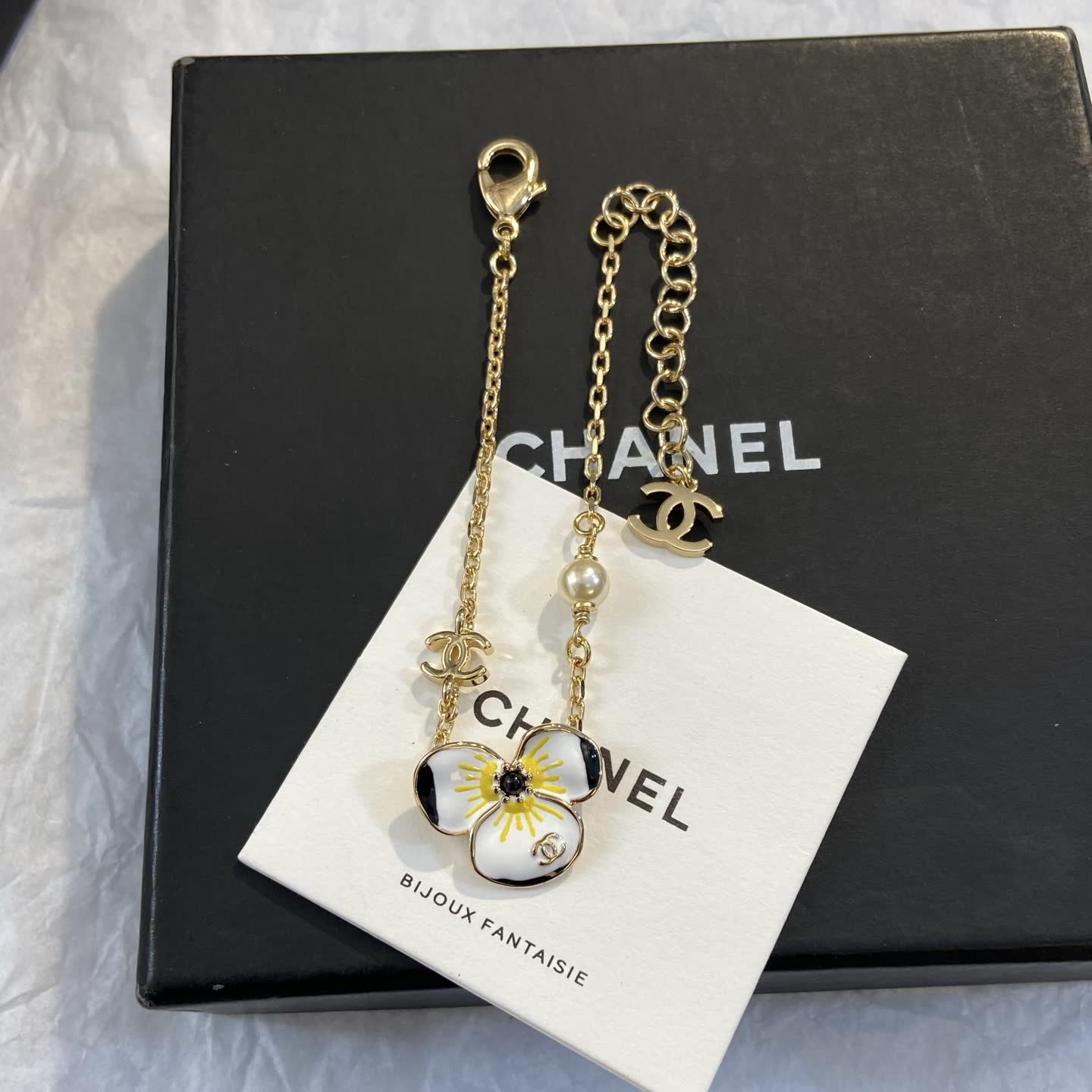 Chanel Gold Bracelet with Enamel Flower and Pearl
