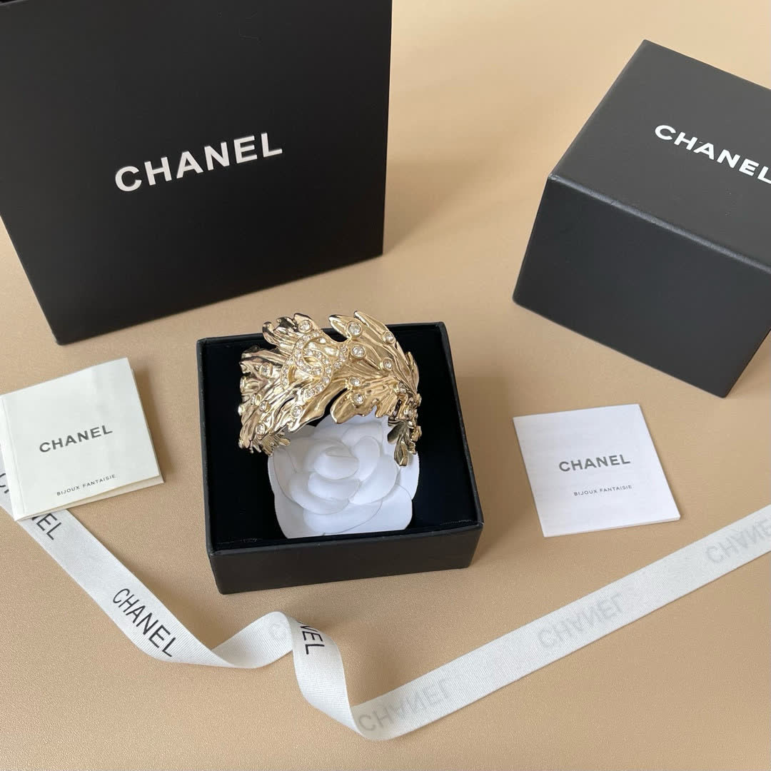 Chanel Gold Feather Bracelet with Rhinestones