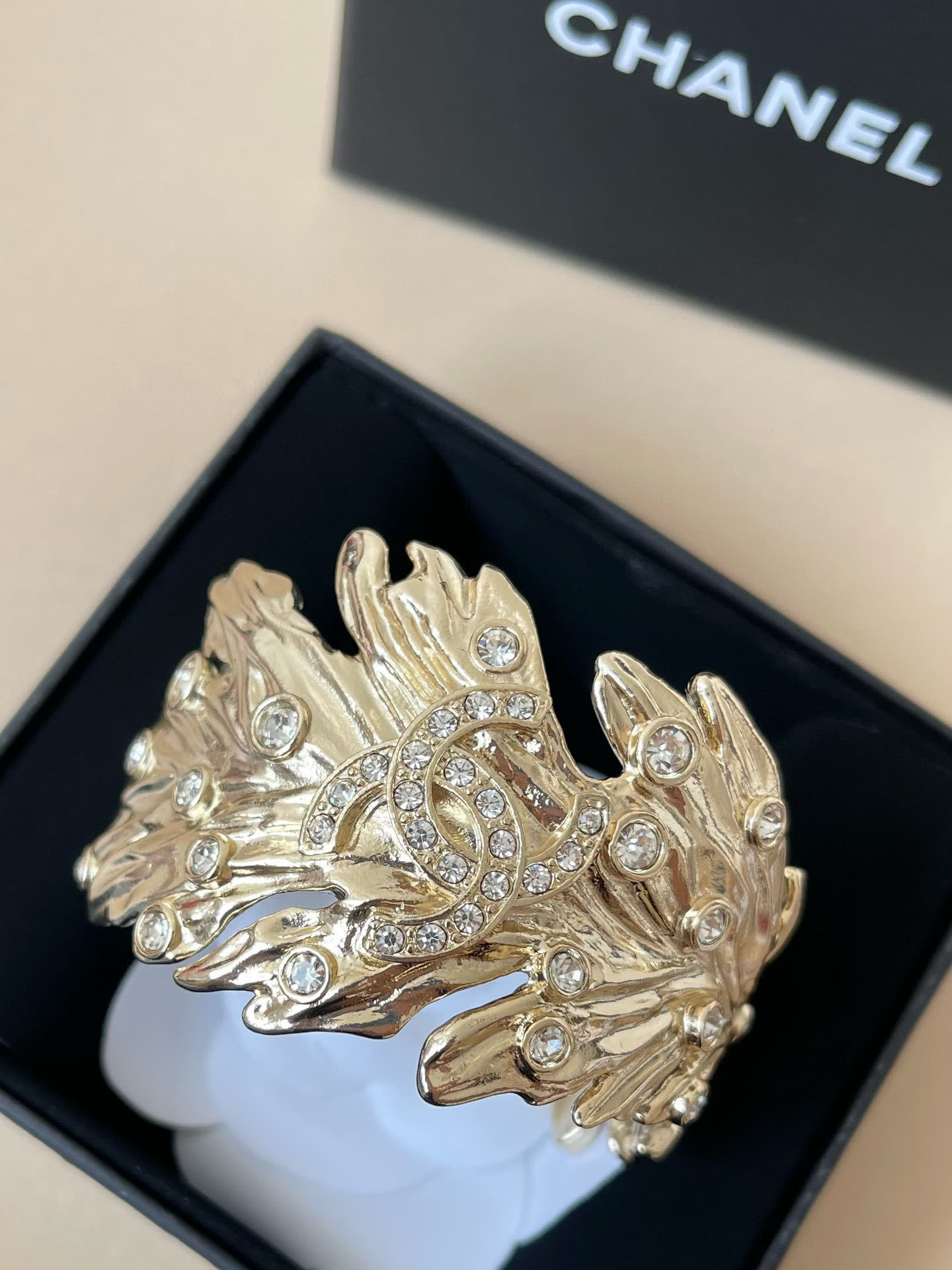 Chanel Gold Feather Bracelet with Rhinestones