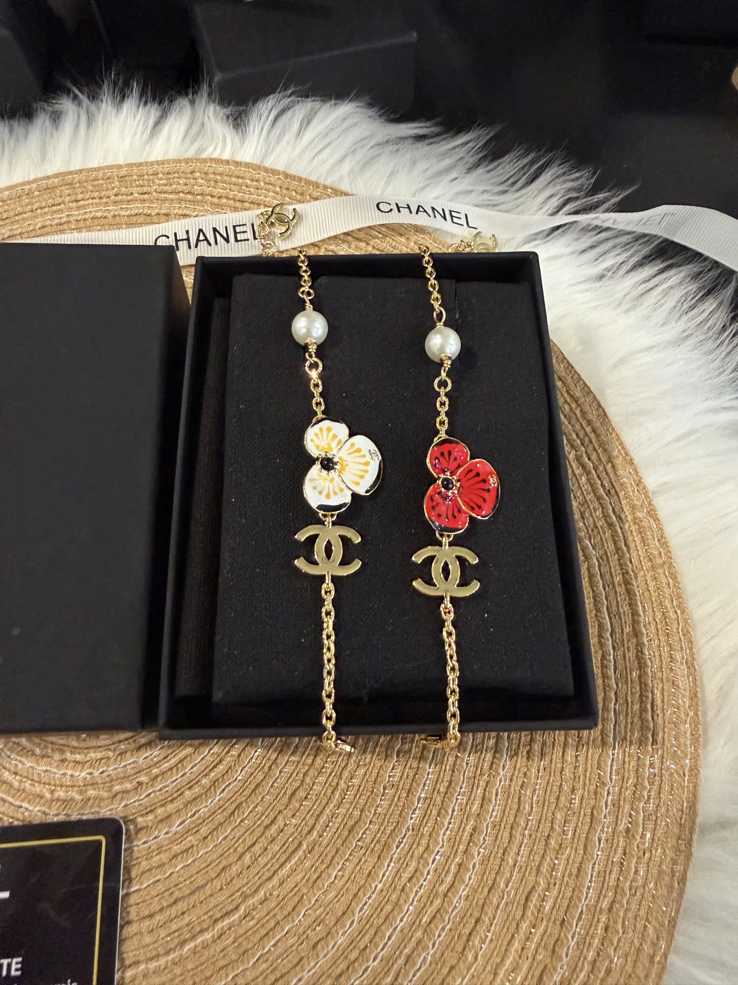Chanel Gold Tone Bracelet with Enamel Flower and Pearl