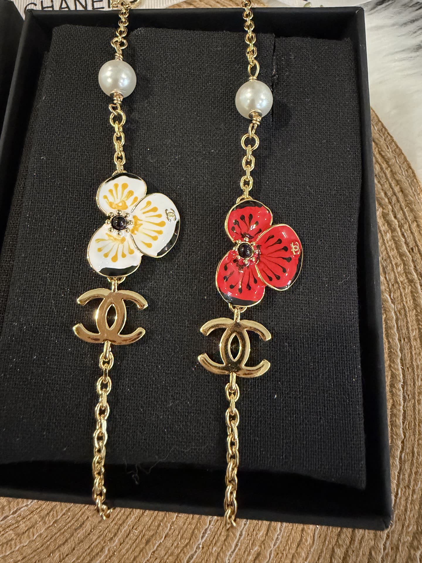 Chanel Gold Tone Bracelet with Enamel Flower and Pearl