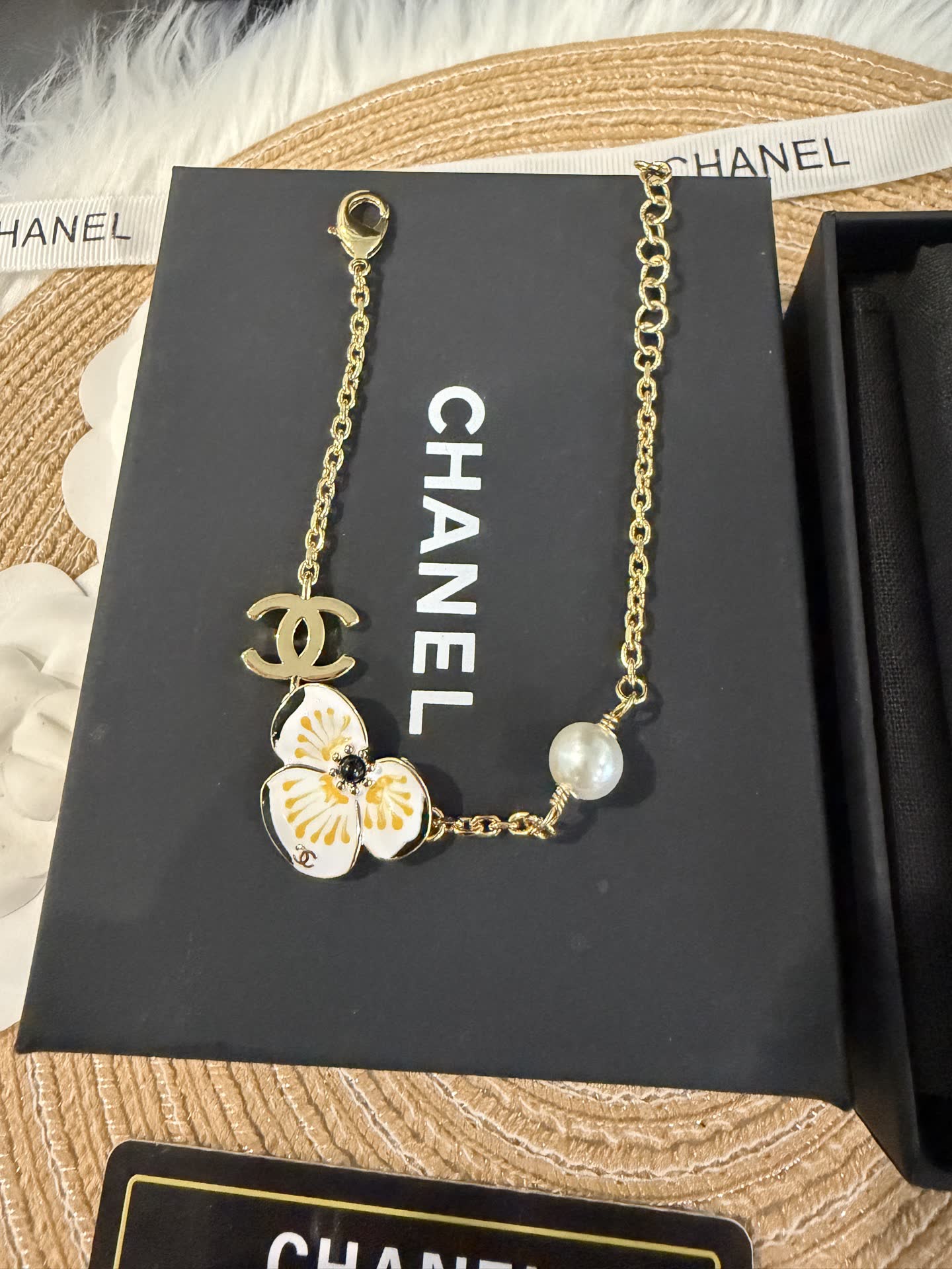 Chanel Gold Tone Bracelet with Enamel Flower and Pearl